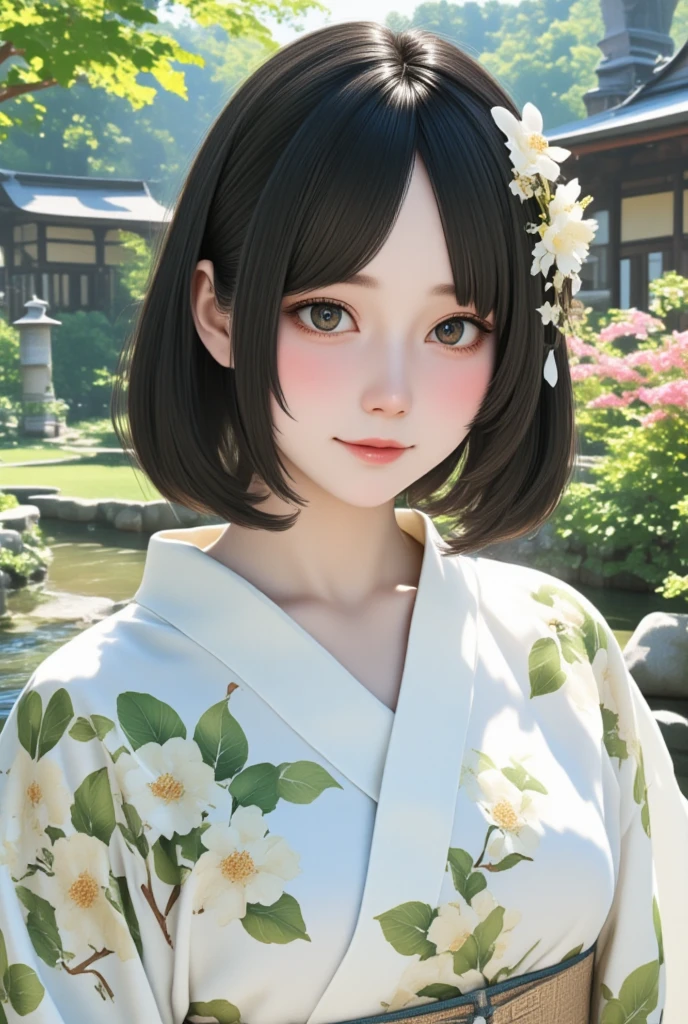  top quality 、masterpiece、 high definition 、８ｋ、solo、 beautiful women、 beautiful black hair 、Short bangs、 princess cut、 straight long hair、 super detailed _face_Eye、 very cute、 one eye is hidden in the hair、Beautiful floral hair ornament、(((Yukata、A yukata with a camellia pattern on a white background :1.7)))、 Wabi Sabi Art 、tasteful art 、((( fantastic garden background 、 Japanese Garden:1.7)))