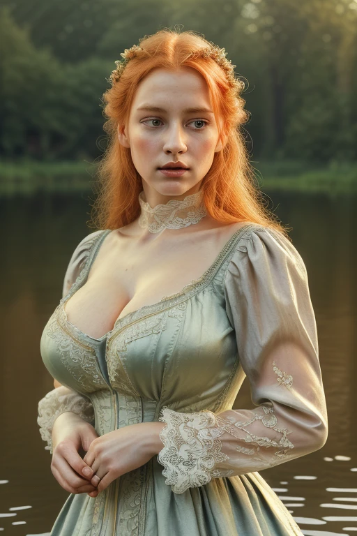 1800s aesthetic, redhead and blonde hair, sharp facial features, (gigantic breasts:1.3), beautiful detailed lace dress, long puff sleeves, cinched waist, refined silk or fine cotton fabric, elegant victorian fashion, detailed fashion illustration, swimming in lake, peaceful nature landscape, lush green foliage, warm golden hour lighting, reflections in water , high quality, realistic, photorealistic, 8k, masterpiece, intricate embroidery, delicate lace patterns, opulent textures, sumptuous folds, dramatic lighting, warm color palette, chiaroscuro, oil painting style