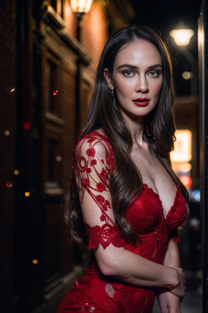 Ultra HD resolution,artistic photos,Professional erotic Photography,Dark red LED Background ((21 year very sexy girl, earrings, long brunette messy hair, cold ultra realistic damp skin, wearing red semi transparent lace wet blouse)), exposed cleavage, posing like a super-model, on a very luxury cruise ship, at night, raining, smiling at viewer, natural red lips, attention to detail
