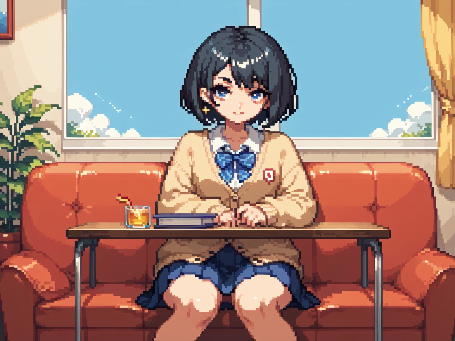  pixel art、solo,2D, beautiful illustration ,from front,throw,lounge,Sitting facing the Viewer on a square table, looking at viewer,School uniform, Cardigan,black hair ,short hair,bags、Sofa,Window、 big window