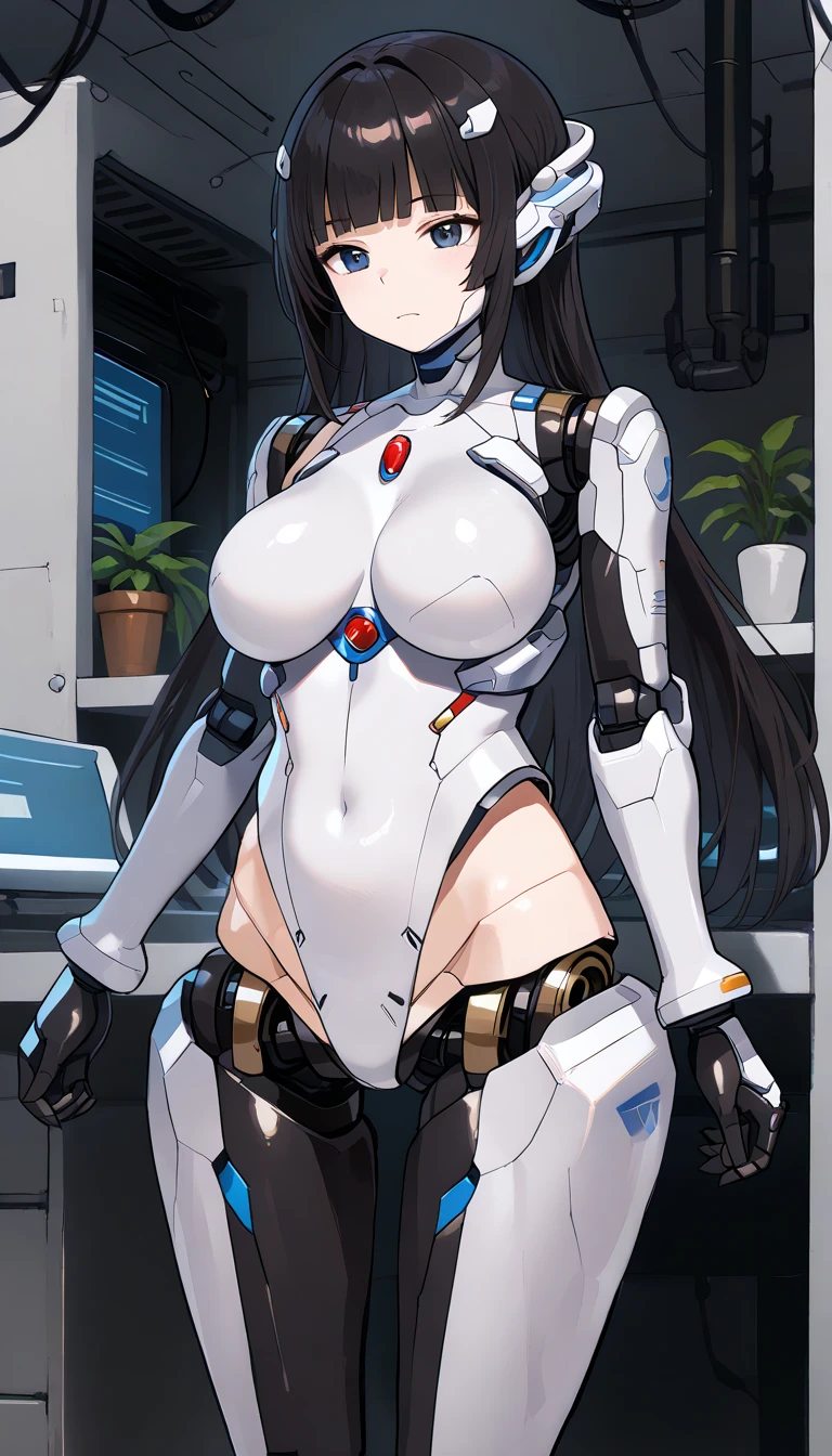 masterpiece, best quality, extremely detailed, (8K, 4K, Best Quality, hight resolution, 超A high resolution:1.1), ,8k portrait, Japaese android Girl,Plump , dark black leg cover,announcer,control panels,android,Droid,Mechanical Hand, Robot arms and legs, Black Robot Parts,Black long hair,Mechanical body,Blunt bangs,perfect mechanical abdomen,White robotics parts,perfect robot woman,future laboratory,cyber pank,charging spot,laboratory,long tube,thick cable connected her neck,white ceramic body ,perfect mechanical body, white robot body,lod antenna,mechanical ear cover,android,robot humanoid,black sponge joints,The removable cover is in the groin,The connection port is in the groin,opened chest panel,access panel on the chest,opened breast panel,perfect mechanical breast,perfect black machine body,perfect black android body,She has repaired,assembly plant,dark black tights,dark black leggings,smile,pussy,no human skin,visor