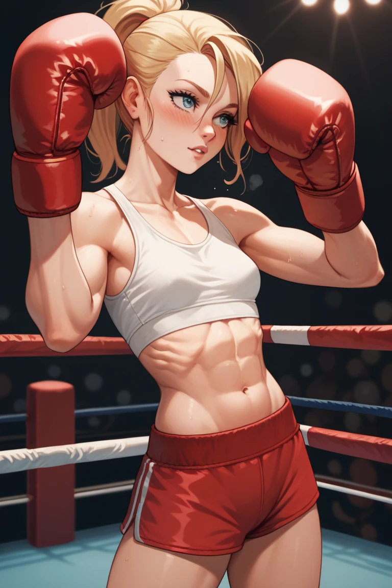 Very skinny girl wearing crop top and boxing gloves, looking exhausted and blushing in the corner of a boxing ring. Slightly toned tummy, visible ribs and small breasts.