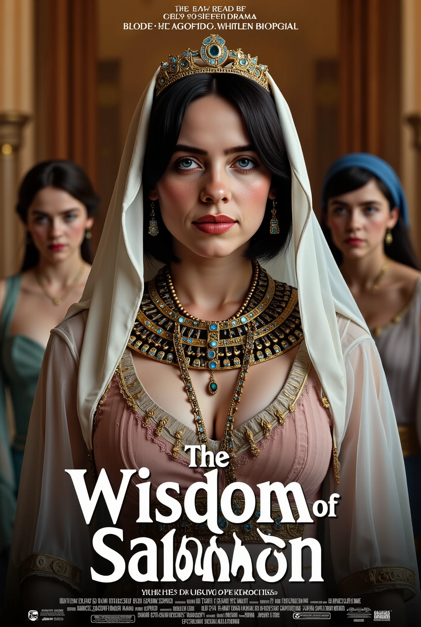 Movie poster, title is white letter "wisdom of Solomon" writhing bottom screen, leading actress is Billie Eilish, another actress, Tom clause, etc,  Front View,  looking at viewer, 1000 BC , 1 Female ,  Sheba of Queen,  ruler of Egypt and Ethiopia  Woman 28-age , (Black hair bobbed hair , smile,  lapis lazuli earrings,  Gorgeous Jeweled Necklaces ,   Egypt type Tiara with lapis lazuli),  (White Sheer Hood ), (ancient Egypt blue silk clothes,   Pink Silk See-Through Shot Blouse ,  White Silk Long See-through Skirt , white see through  veil),  Gorgeous Sandals , with  many personal male female assistant, in Jewish palace,(textured skin ,  HI detail skin slightly, Canon, 8k,  anatomically accurate ,  super detailed,  attention to detail, Your Highness)