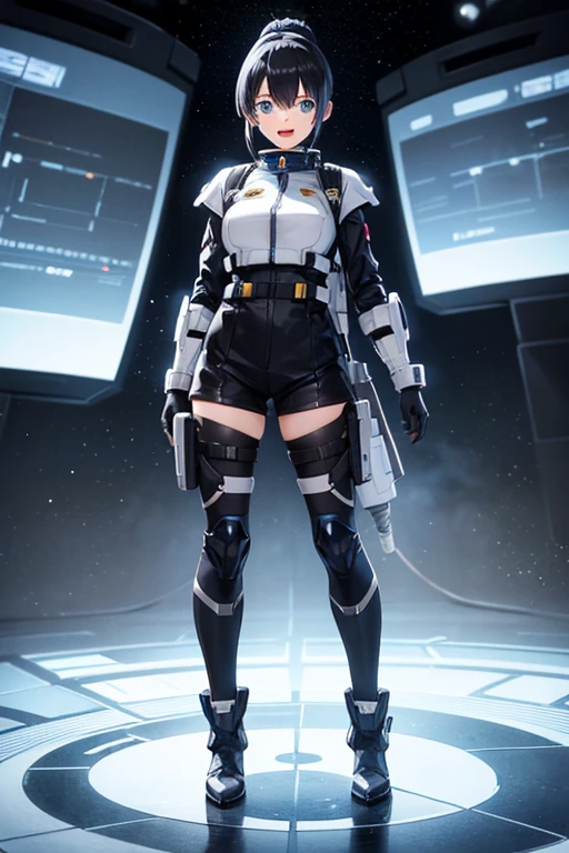  anime picture 、Space science fiction soldier 、 full body portrait 、A  soldier running around 155 cm tall wearing a silver bulletproof vest and silver shorts、 blue eyes、Hairstyle: short ponytail、 black hair、Black tights to cover the lower body、 smiling with open mouth 、 boots、gloves、silvery headset