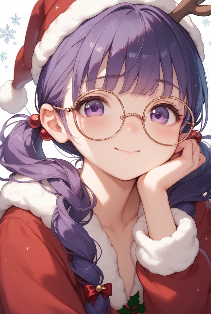  Christmas、 reindeer、Purple Hair、One Girl with Sheep Ears, solo,  with a little bit of sadness,  smiles,  blush,  purple eyes,  glitter effect, happiness/joy,  Twin Tails , Bangs, Knitted hat、Round Glasses