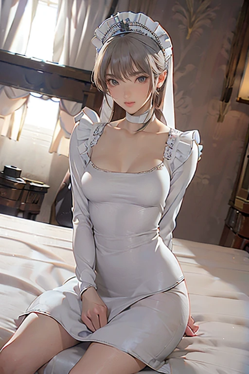 top-quality、Full limbs、complete fingers、(1 beautiful slender woman:1.5),(ideal ratio body proportions:1.5), beautiful detailed face, perfect feminine face,Small and beautiful eyes,Droopy eyes, gray eyes,sweat、Slender beauty、straight haired、silver hair、(german maid uniform:1.8 )、(coverd nipples:0.5)、(very skinny beauty:1.5)、cleavage、 White pantyhose、used condom、vulgarity、spoken heart、(tan:1.5)、(show off armpit:-0.0), (sitting on the husband's bed:1.8),(1 husband:1.5),