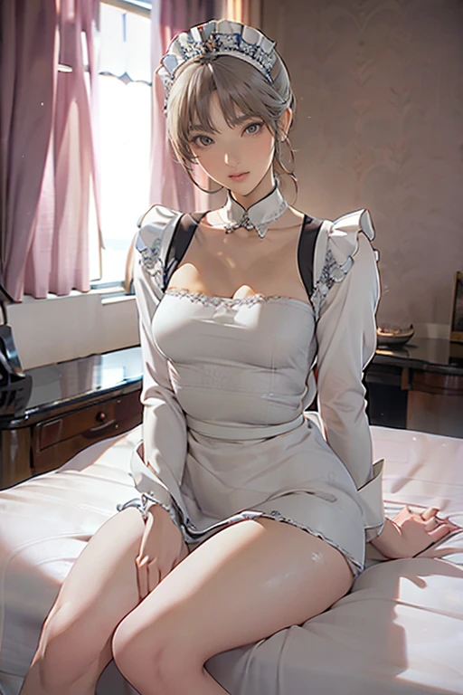 top-quality、Full limbs、complete fingers、(1 beautiful slender woman:1.5),(ideal ratio body proportions:1.5), beautiful detailed face, perfect feminine face,Small and beautiful eyes,Droopy eyes, gray eyes,sweat、Slender beauty、straight haired、silver hair、(german maid uniform:1.8 )、(coverd nipples:0.5)、(very skinny beauty:1.5)、cleavage、 White pantyhose、used condom、vulgarity、spoken heart、(tan:1.5)、(show off armpit:-0.0), (sitting on the husband's bed:1.8),(1 husband:1.5),