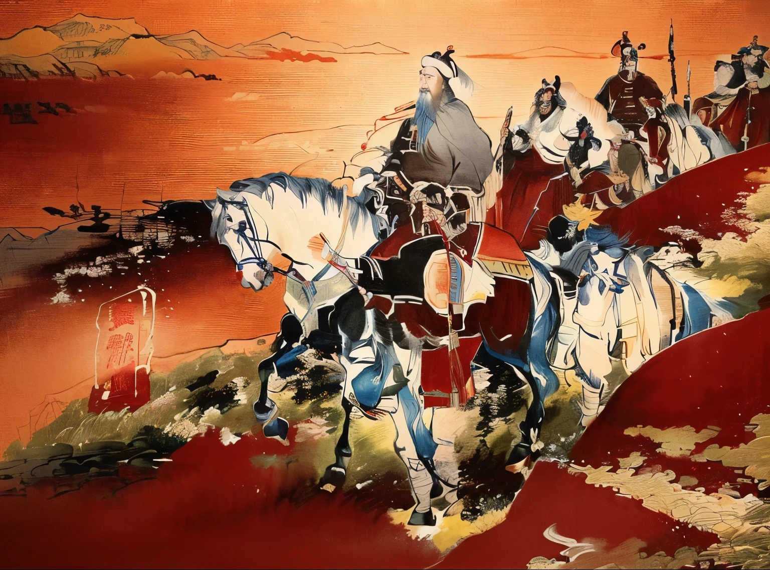A painting of a group of people riding down the mountain, 整页illustration, 全页illustration, Artwork inspired by Sheng Maoye , Emperor Xuande, By Guan Daosheng, painting, illustration, Fine line painting with clean ink, published by , by Sheng Maoye, Inspired by Lu Zhi