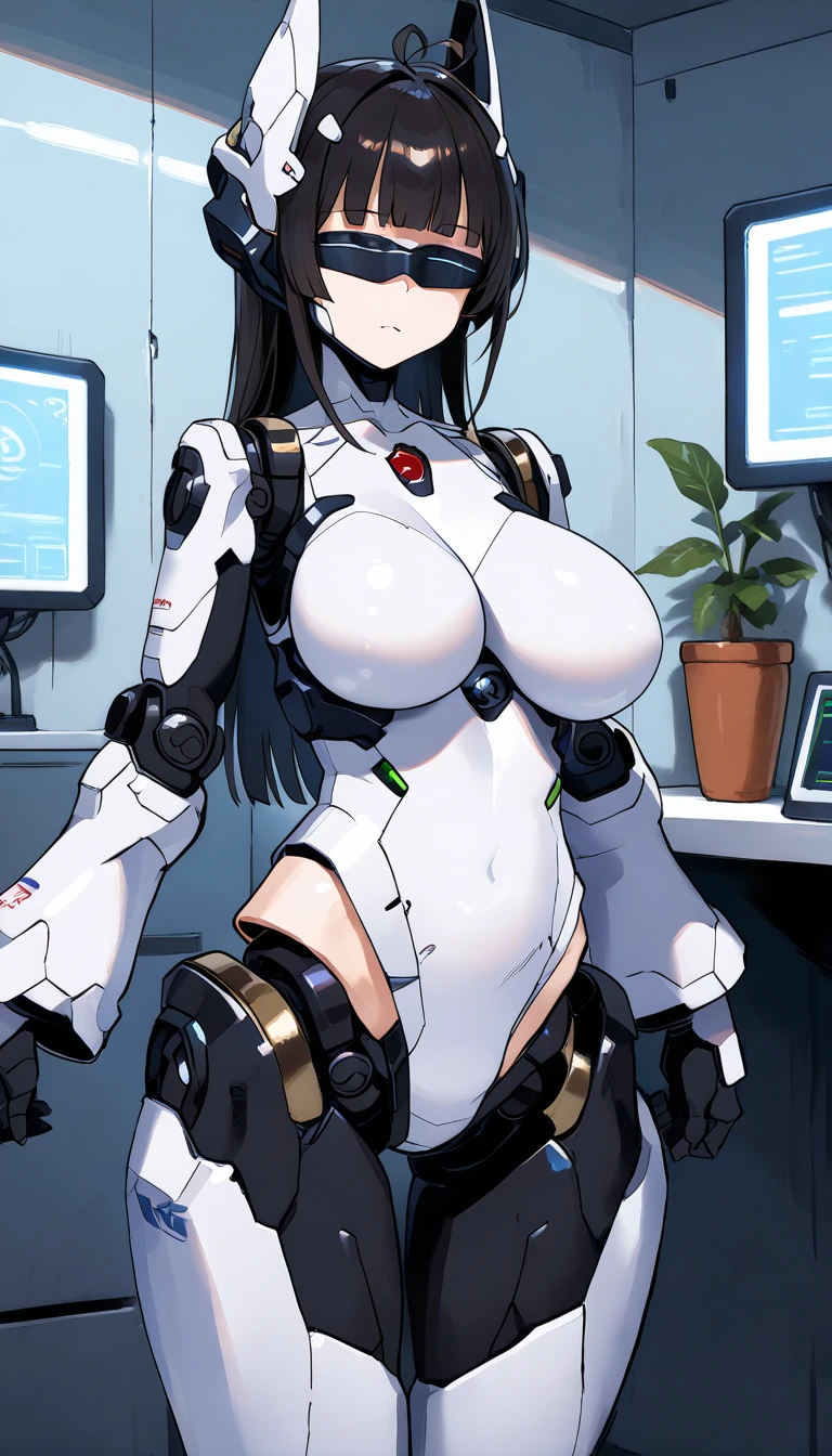 masterpiece, best quality, extremely detailed, (8K, 4K, Best Quality, hight resolution, 超A high resolution:1.1), ,8k portrait, Japaese android Girl,Plump , dark black leg cover,announcer,control panels,android,Droid,Mechanical Hand, Robot arms and legs, Black Robot Parts,Black long hair,Mechanical body,Blunt bangs,perfect mechanical abdomen,White robotics parts,perfect robot woman,future laboratory,cyber pank,charging spot,laboratory,long tube,thick cable connected her neck,white ceramic body ,perfect mechanical body, white robot body,lod antenna,mechanical ear cover,android,robot humanoid,black sponge joints,The removable cover is in the groin,The connection port is in the groin,opened chest panel,access panel on the chest,opened breast panel,perfect mechanical breast,perfect black machine body,perfect black android body,She has repaired,assembly plant,dark black tights,dark black leggings,smile,pussy,no human skin,visor