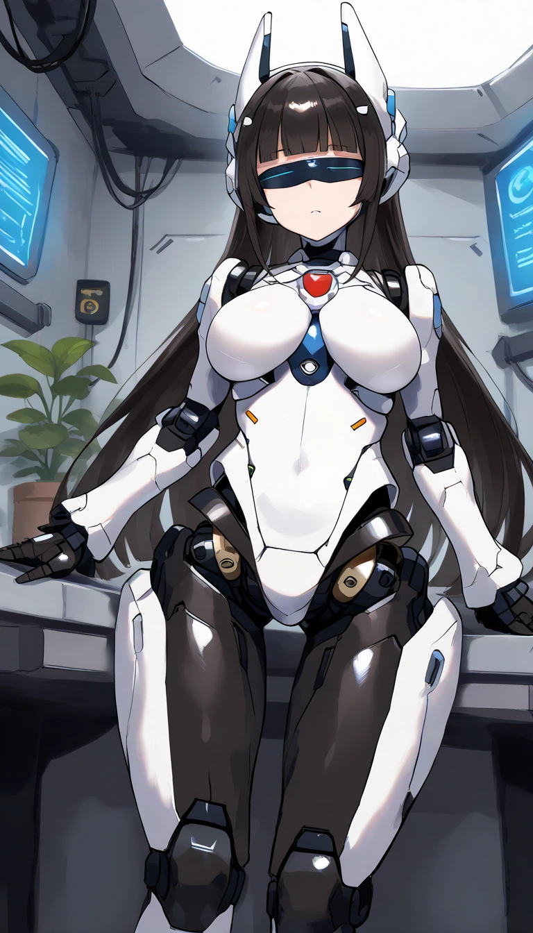 masterpiece, best quality, extremely detailed, (8K, 4K, Best Quality, hight resolution, 超A high resolution:1.1), ,8k portrait, Japaese android Girl,Plump , dark black leg cover,announcer,control panels,android,Droid,Mechanical Hand, Robot arms and legs, Black Robot Parts,Black long hair,Mechanical body,Blunt bangs,perfect mechanical abdomen,White robotics parts,perfect robot woman,future laboratory,cyber pank,charging spot,laboratory,long tube,thick cable connected her neck,white ceramic body ,perfect mechanical body, white robot body,lod antenna,mechanical ear cover,android,robot humanoid,black sponge joints,The removable cover is in the groin,The connection port is in the groin,opened chest panel,access panel on the chest,opened breast panel,perfect mechanical breast,perfect black machine body,perfect black android body,She has repaired,assembly plant,dark black tights,dark black leggings,smile,pussy,no human skin,visor