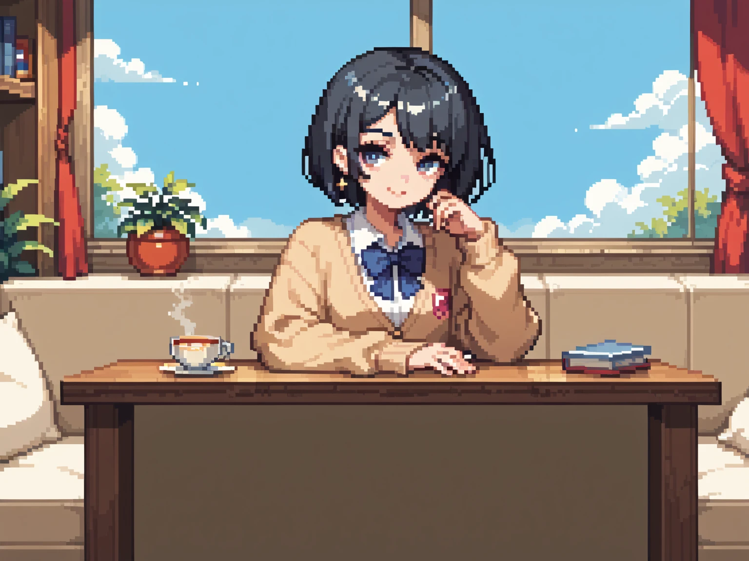  pixel art、solo,2D, beautiful illustration ,from front,throw,tea shop,lounge,Sitting facing the Viewer on a square table, looking at viewer,School uniform, Cardigan,black hair ,short hair,bags、Sofa,Window、 big window, cool vibe