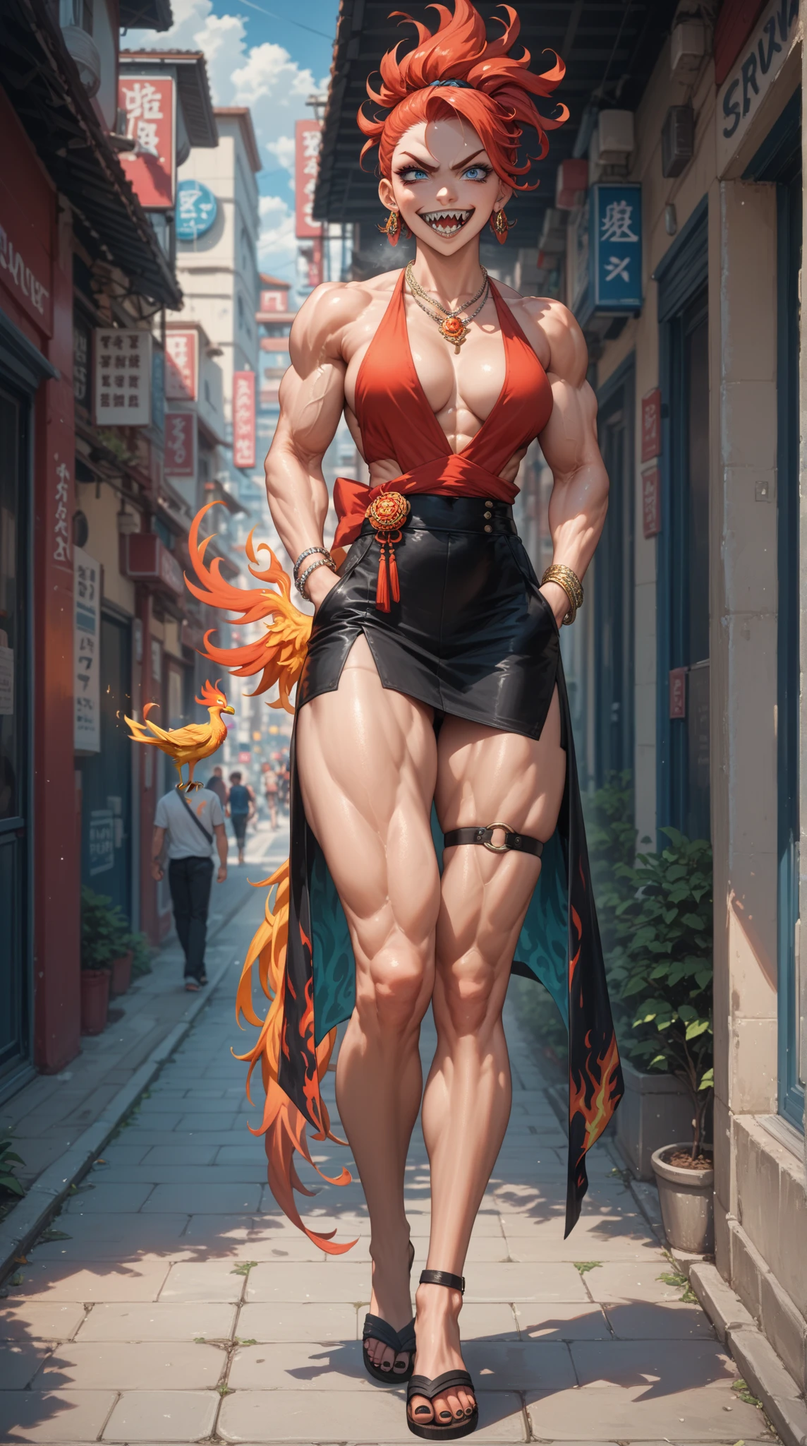 ((((Massive tall, beautiful, buff, pale white skinned muscular asian woman with red hair, tattooed body adorned with intricate designs, ginormous bulky muscles, and wearing a beautiful silk black halter top with black pants)))), ((close view)), massive muscle, massive biceps, hyper muscle shoulders, ((massive muscle arms)) vascular shoulders, hyper muscle triceps, (long hair), yellow eyes, ((tattooed body adorned with intricate designs)), choker, (pants), high heel boots, (surrounded by crimson red fire and flames), confident smile, night, hyper vascular arm, hyper muscles arms, hyper muscle legs, (massive arms).
