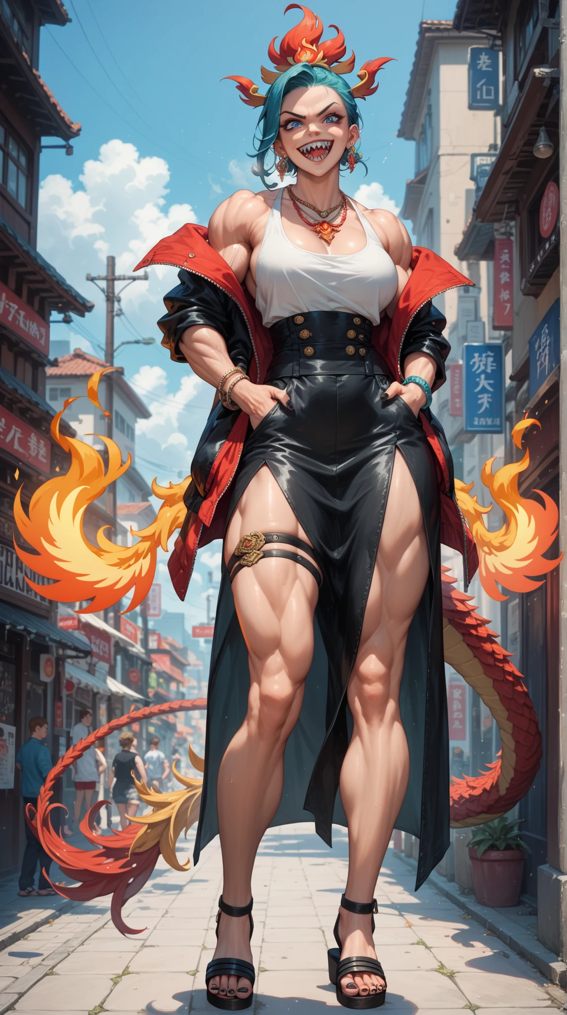 ((masterpiece,best quality,8k,highres)),((character concept art)), 1 female, adult, middle-age woman, demon, devil, fighter, 192cm height, long hair, flat bangs(red hair colour), ultra finely detailed eyes, red eyes colour(bright), extraordinary gorgeous, playful, smirk smile, shapely breasts, hourglass body shape ((muscular))(sexy), ((intricate detail)), super finely detailed hands, ultra finely detailed fingers(((ten fingers))), (sleeveless sport outfit),(black mix gold colour outfit)(stylish)(sleeveless), (black sport short pants), black shoes, gold necklace, gold bracelet, gold earrings, a lot tattoo, tattoo on arms, tattoo on legs, (standing still), (full body showcase), (show full body), (no logos on background), (no logo), ((plain background)), (((empty hands))), ((plain background)), (((empty background)))