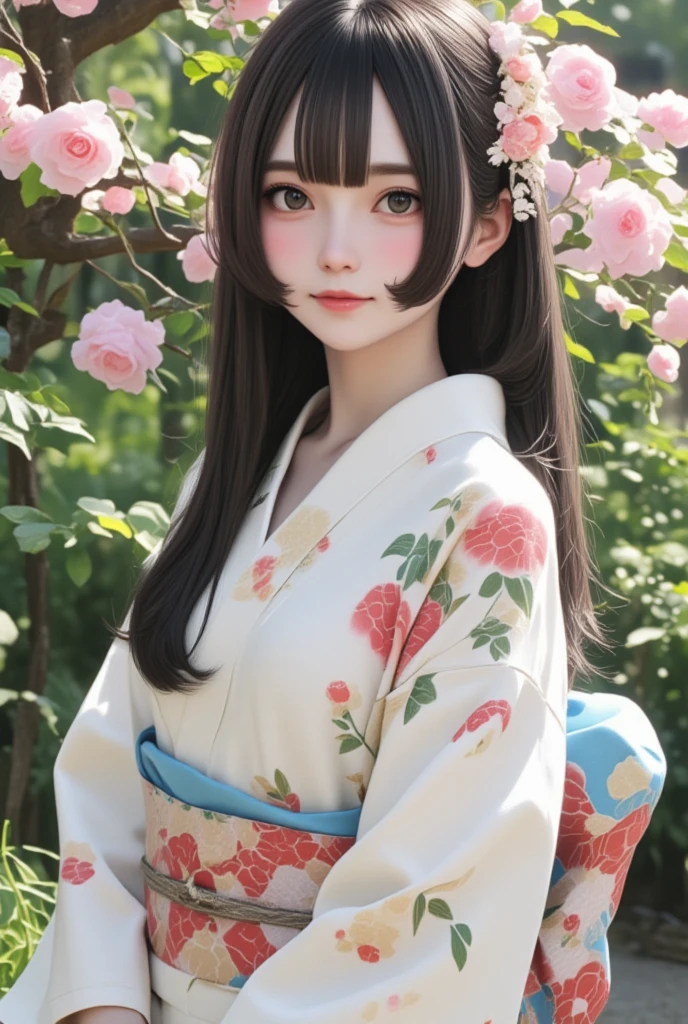  top quality 、masterpiece、 high definition 、 full body angle、 full body angle、Beautiful appearance 、８ｋ、solo、 beautiful women、((( beautiful black hair 、Short bangs、 princess cut:1.37、 straight long hair:1.7)))、 super detailed _face_Eye、 very cute、 one eye is hidden by hair、Beautiful floral hair ornament、(((Yukata、A yukata with a camellia pattern on a white background :1.7)))、 Wabi Sabi Art 、tasteful art 、((( fantastic garden background 、 Japanese Garden:1.7)))