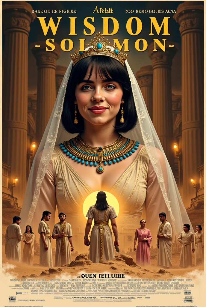 Movie poster, title is dancing decoration white letter "wisdom of Solomon" writhing bottom screen, leading actress is Billie Eilish, another actress, Tom clause, etc,  Front View,  looking at viewer, 1000 BC , 1 Female ,  Sheba of Queen,  ruler of Egypt and Ethiopia  Woman 28-age , (Black hair bobbed hair , smile,  lapis lazuli earrings,  Gorgeous Jeweled Necklaces ,   Egypt type Tiara with lapis lazuli),  (White Sheer Hood ), (ancient Egypt blue silk clothes,   Pink Silk See-Through Shot Blouse ,  White Silk Long See-through Skirt , white see through  veil),  Gorgeous Sandals , with  many personal male female assistant, in Jewish palace,(textured skin ,  HI detail skin slightly, Canon, 8k,  anatomically accurate ,  super detailed,  attention to detail, Your Highness)