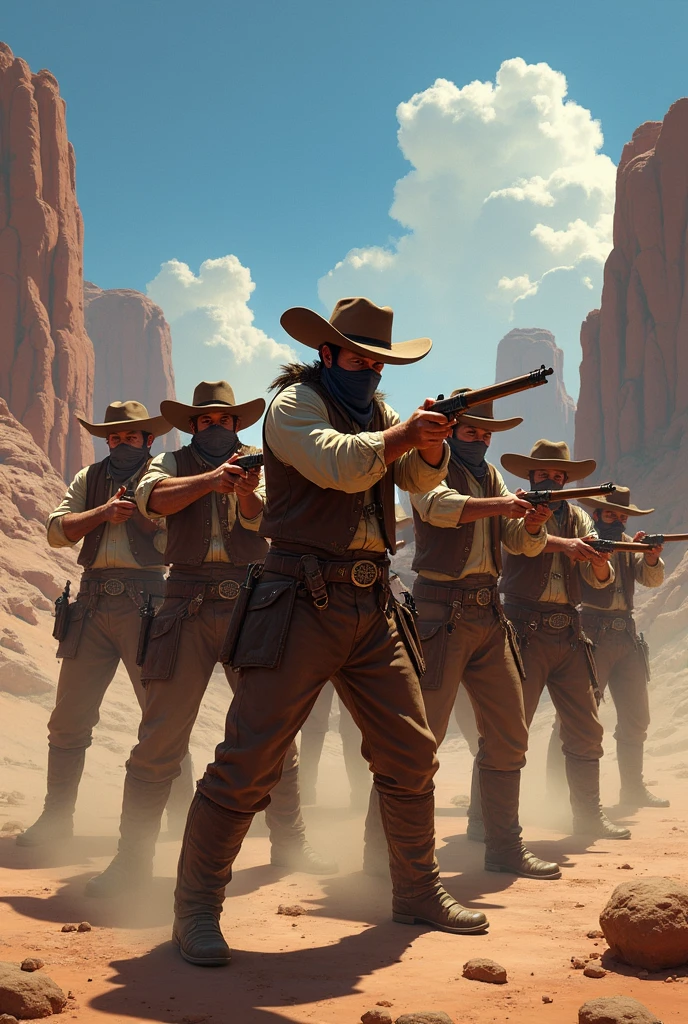 cowboys in the desert with guns and a horse in the background, endoskeleton, award-winning fantasy art, promotional photograph, cinemascope panorama, powerful male scarecrow, nomadic urbanism, artist impression, machine vs demons, early cgi, winning illustration --auto --s2