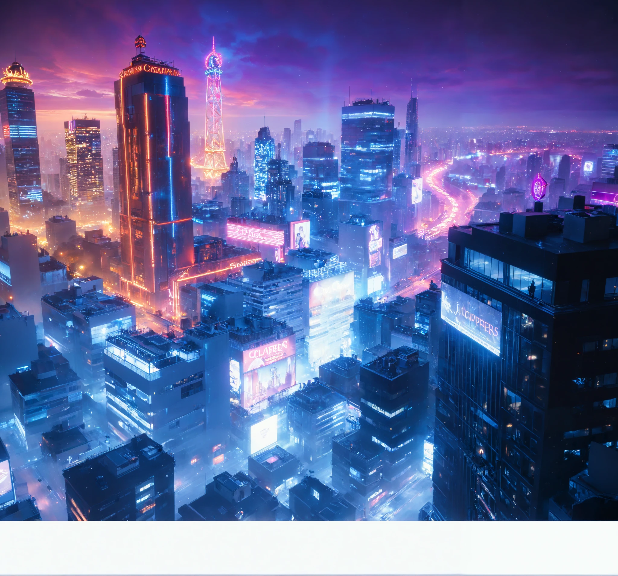  Aerial view of the city ，Night view of the sunset ， On the left is a sunset orange red sunset ， On the right is a purple neon light of the city ， Night view of the city neon lights ， Close up of an office building on the right， Skyscrapers are patchwork with low buildings ， Houses looming in the distance ， Highly saturated blue lighting ，UE5 Rendering，3D Rendering，Lumen lighting rendering ，Light and shadow enhancement