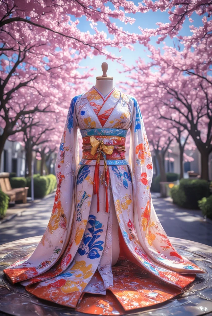 Yukata Japanese ,  Lies on a Marble Table with a glass pattern,  Beautiful view of Sakura Blossoms ,  masterpiece fails, 8 k,  complex , bright colors,  maximum quality ,  better quality , Wonderful,