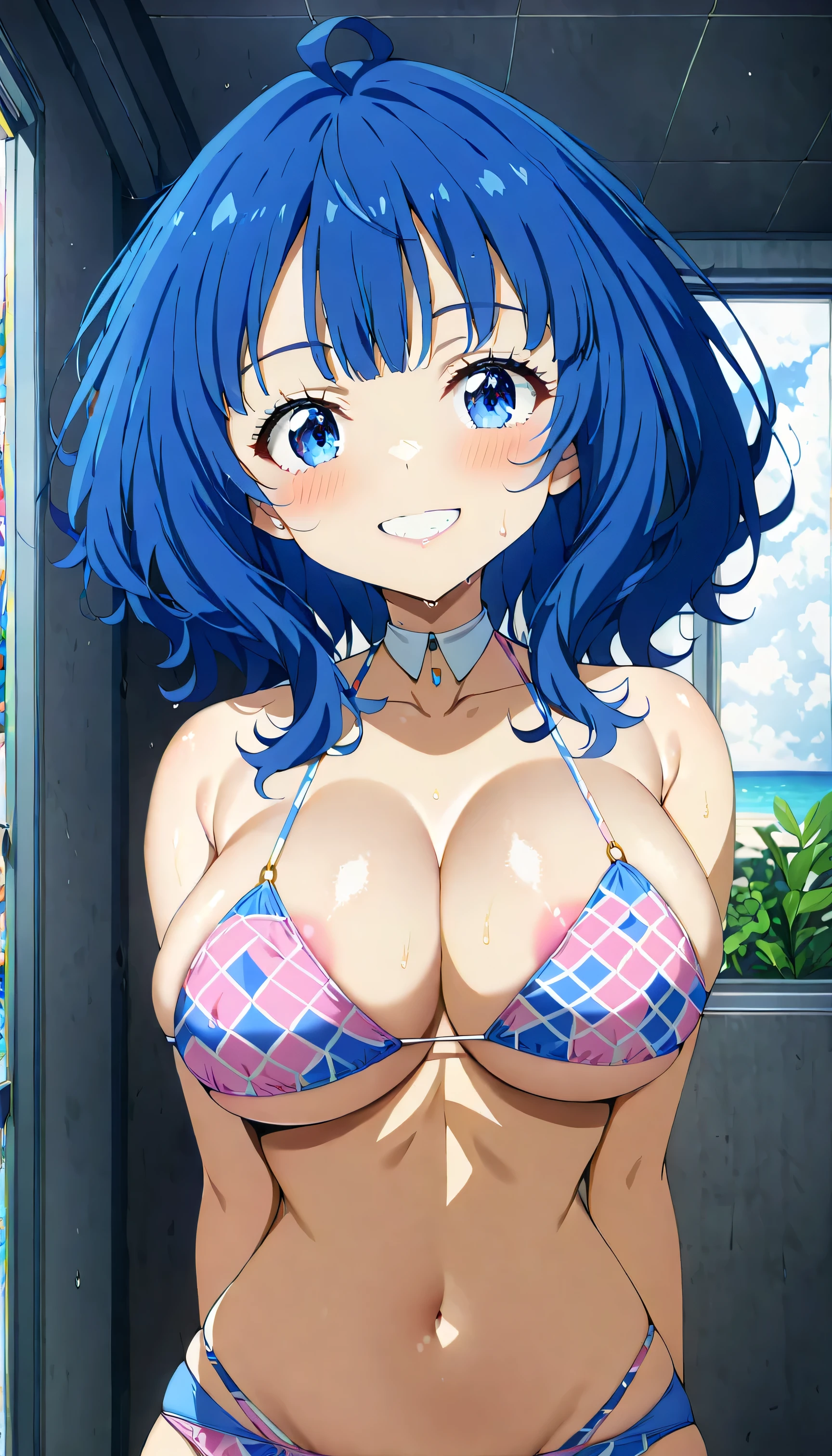 Score_9, Score_8_up, Score_7_up, source_anime, annayanami, annayanami, medium hair, blue eyes, ahoge, blue hair, large breasts, bikini, pink bikini, reticulated pattern bikini, navel, emphasis breasts, blush, smile, look at viewer, peace sign, room, cowboy shot, best quality, ultra-detailed, high resolution, 8K,