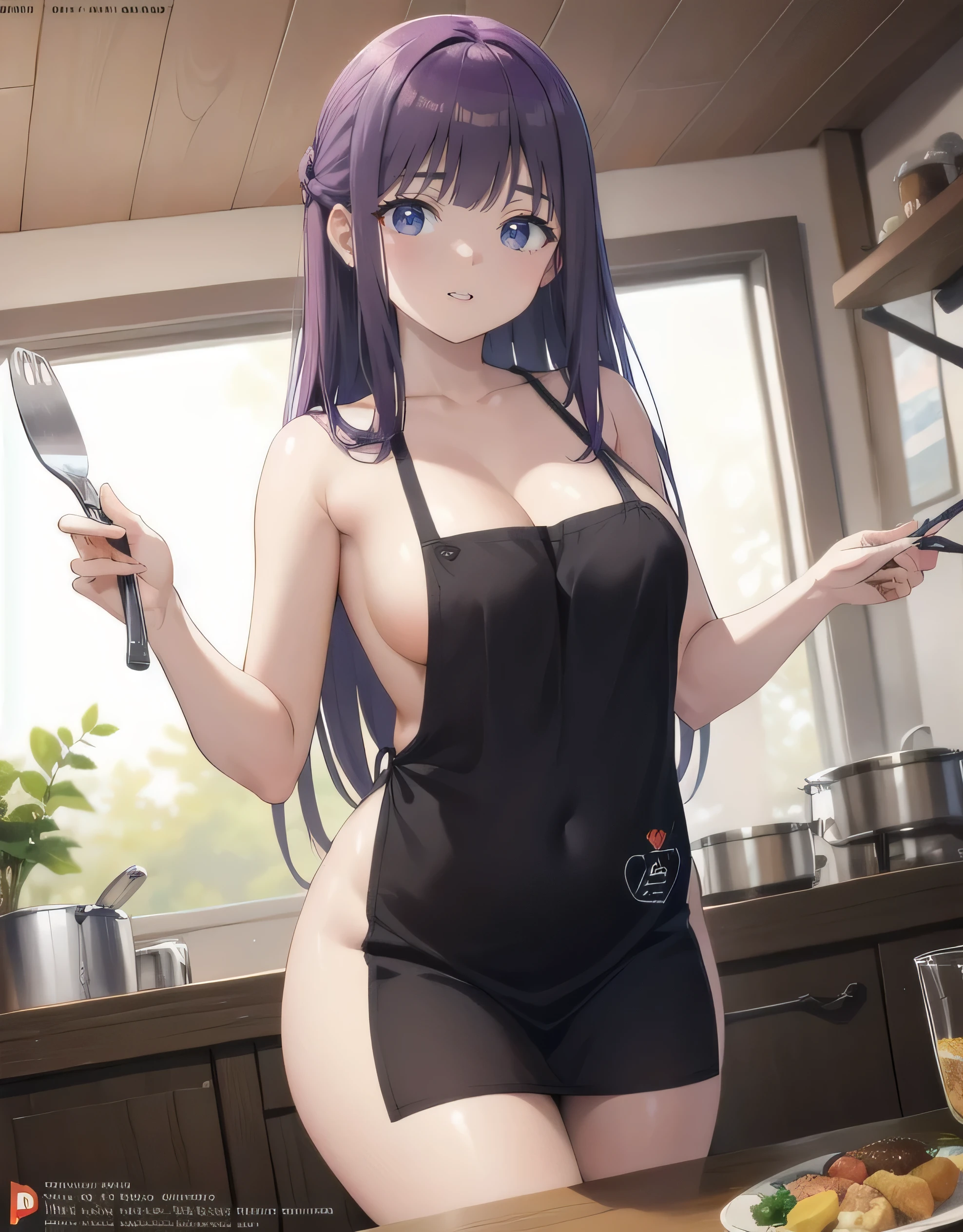 (Best Quality, Masterpiece),sexy mommy, Front cover of a women's cooking magazine, , naked, erotic, 18+, nsfw, 1girl, 30 years old, stunning, cute, heartwarming smile, hourglass figure, super mini bikini, pinny apron, beautiful food, text, diagrams, advertisements, magazine title, long straight purple hair, purple eyes