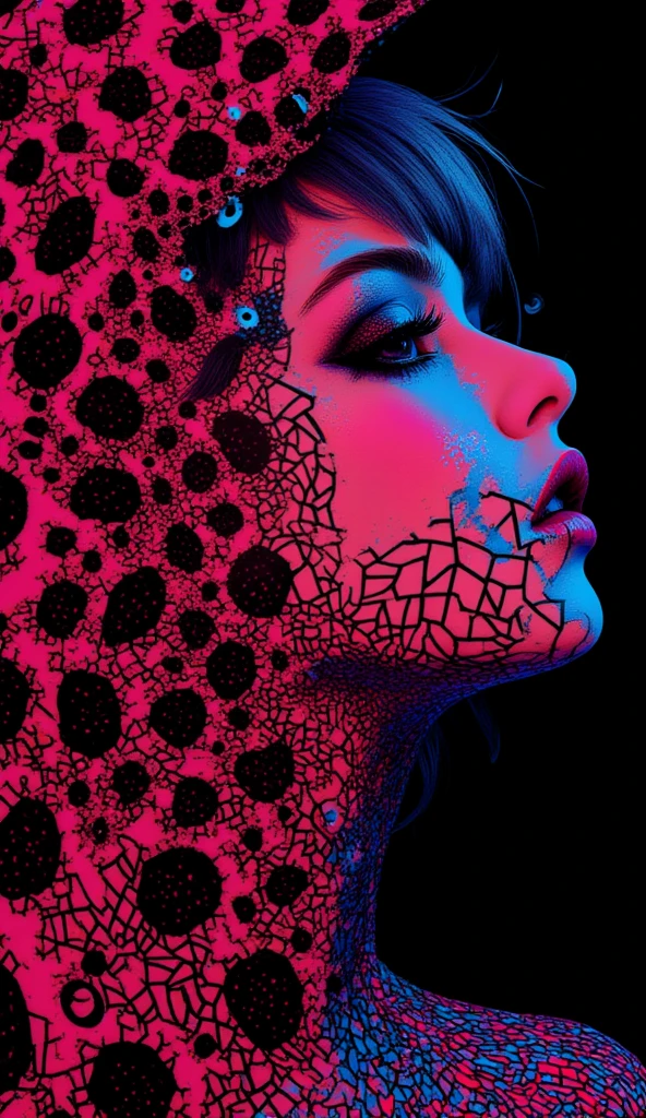 (Geometrically patterned art works)、background、 repetition、Pattern Art、woman、Trippy、black background、 edgy 、 avant-garde , Experimental Appearance: head or hair color, ( Dramatic Makeup:1.5) , Unconventional fashion choices, (crazy sexy)、psychedelic、PSYCHO-PASS、