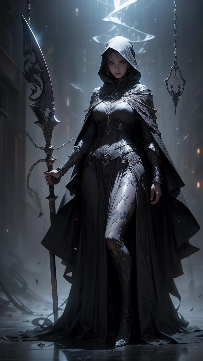 Create a frighteningly detailed and realistic depiction of the hooded figure of Death. The scene is expected to feature a black silhouette with a skull on a face and a skeletal hand holding a menacing sickle.(((estilo de pose pose with interaction and leaning on anything+object+on something+leaning against))). Esta figura sinistra deve ter como pano de fundo uma noite nebulosa iluminada pela luz fria da lua. A imagem deve exalar uma atmosfera sinistra e arrepiante. Use Octane rendering to capture realistic textures and lighting. The resolution should be an impressive 8K, ensuring extraordinary clarity and precision in portraying the sinister aspect of Death.