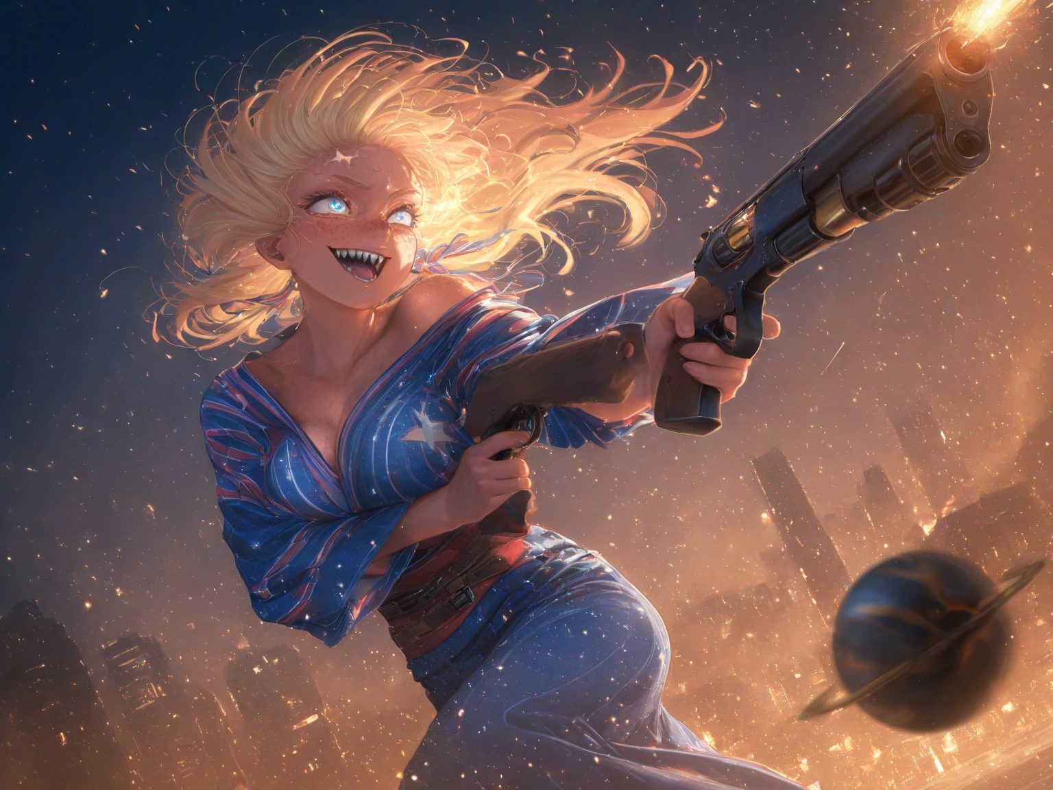 1girl\(american,(blonde),cute hair ribbon,(Freckles),(Muscular), big blue eyes,beautiful eyes,big breast,wearing beautiful yukata\(american flag\(Stars and stripes\) design\),holding shotgun, shooting,many Grenades in air, gun belts,weavy hair long hair,floating hair, (scar on face),open mouth,smile, sharp teeth, tongue, ,dynamic action, dynamic angle,mad eyes\) at (kyoto japan), (so many zombie) around, apocalips, dooms day,red black sun. BREAK .quality\(8k,wallpaper of extremely detailed CG unit, high resolution, top-quality, top-quality real texture skin, hyper realistic, increase the resolution, RAW photos, best quality, highly detailed, the wallpaper, golden ratio, high saturation realism, vibrant colors, dramatic lighting, persuasive storytelling, atmospheric scenery, captivating visuals, intricate details, strong emotions, dreamlike world\),dynamic angle,dutch angle,action movie,cityscape