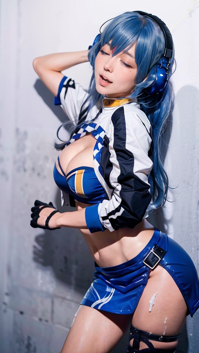 (masterpiece, highest quality, highest resolution, clear_image, Detailed details): (alone, girl, Japanese face, blue hair girl, shortcut, full body figure, small size breasts, Glowing blue colored eyes, Metallic white and blue collar pilot suit, tight-fitting clothes, clothes that cover the whole body, beauty, because I'thin, exoskeleton, sexy pose, heroine, full face helmet, knee boots)