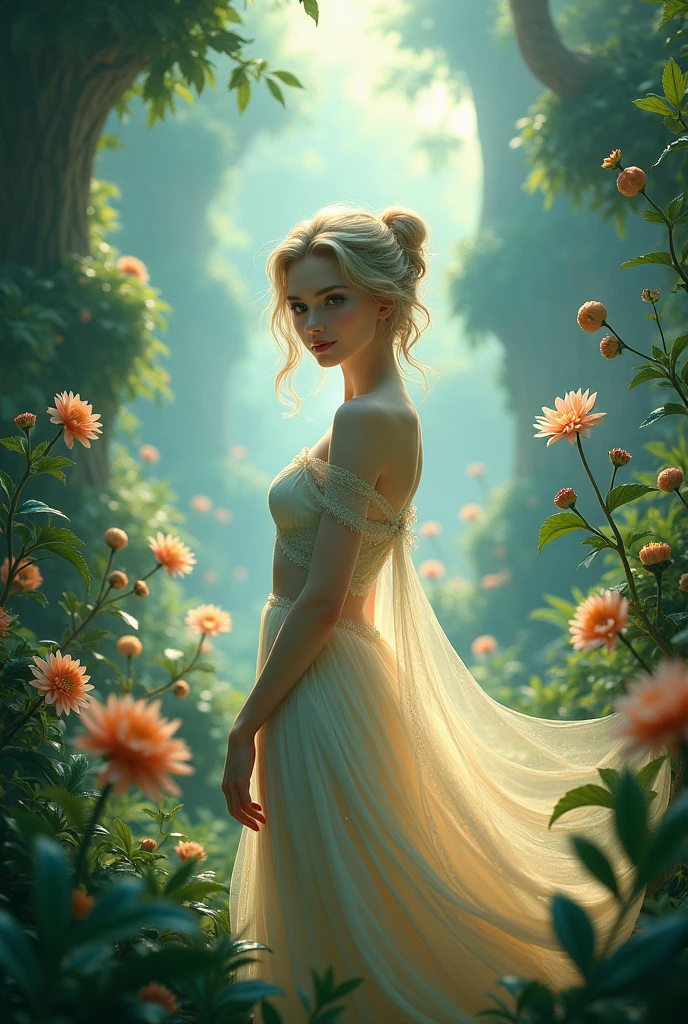 there is a woman in a dress standing in a field of flowers, lost in a dreamy fairy landscape, beautiful render of a fairytale, ethereal fairytale, fantasy art behance, ethereal fantasy, beautiful digital artwork, beautiful fantasy art, with frozen flowers around her, very magical and dreamy, fantasy style 8 k octane render, beautiful fantasy portrait, beautiful fantasy art portrait