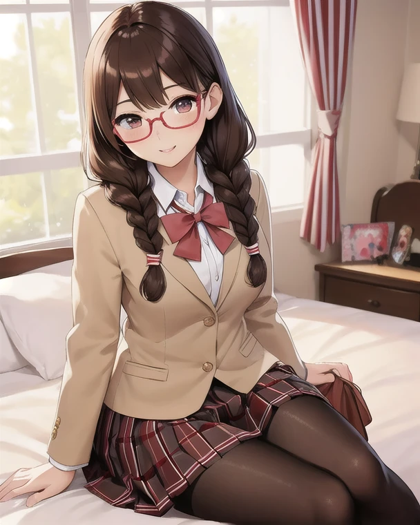   Masterpiece  、  top quality ,  beautiful、 Details、  24-year-old woman、 1 girl、 Female High School Student Cosplay  、  slim figure、 looks like an adult、 brown hair 、 with bangs flowing sideways、 hair with braids、 big brown eyes、Shining Eyes 、smile、 blush、Pink lips、、  beige blazer to mop、school uniform 、Akabuchi's glasses、Red and white striped ribbon   、   brown tartan pleated skirt with a condom on the bed、  black pantyhose 、Beautiful bedroom 、 sitting on the bed 、