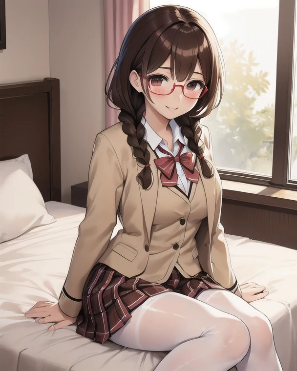   Masterpiece  、  top quality ,  beautiful、 Details、  24-year-old woman、 1 girl、 Female High School Student Cosplay  、  slim figure、 looks like an adult、 brown hair 、 with bangs flowing sideways、 hair with braids、 big brown eyes、Shining Eyes 、smile、 blush、Pink lips、、  beige blazer to mop、school uniform 、Akabuchi's glasses、Red and white striped ribbon   、   brown tartan pleated skirt with a condom on the bed、  black pantyhose 、Beautiful bedroom 、 sitting on the bed 、