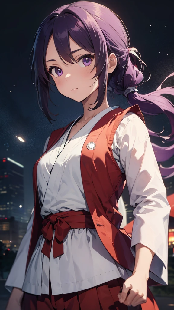 this is a picture of a girl dressed in a long gown with a sword, clean line drawings, ultra cute girl, ultra cute face, ultra detailed eyes, ultra detailed hair, ultra cute, ultra beautiful, ((high end)), (UHD picture), (best quality,4k,8k,highres,masterpiece:1.2), top-quality(​masterpiece), top-quality, ultra-detailed, highly detailed texture, intricate details, high quality textures, masterpiece, best quality, perfect quality, perfect anatomy, perfect body, perfect symmetrical face, perfect hands, perfect feet, (two arms:1.2), (two legs:1.2), (five fingers each:1.2), (perfect joint:1.2), perfect joint movement, precise fingers and hands, 1 beautiful girl, 1 girl, alone, solo, , , ((())), ((ish)), (Best Quality, hight resolution), extremely detailed and lifelike, Vibrant colors, simple background, very long hair, forehead visible bangs, hair flaps, purple hair, ponytail, well-formed face, purple eyes, japanese clothes, samurai, open vest, red vest, white kimono, long sleeves, wide sleeves, haori, long hakama, wide hemmed hakama, hakama pants, long trousers, sword, katana, holding katana, weapon