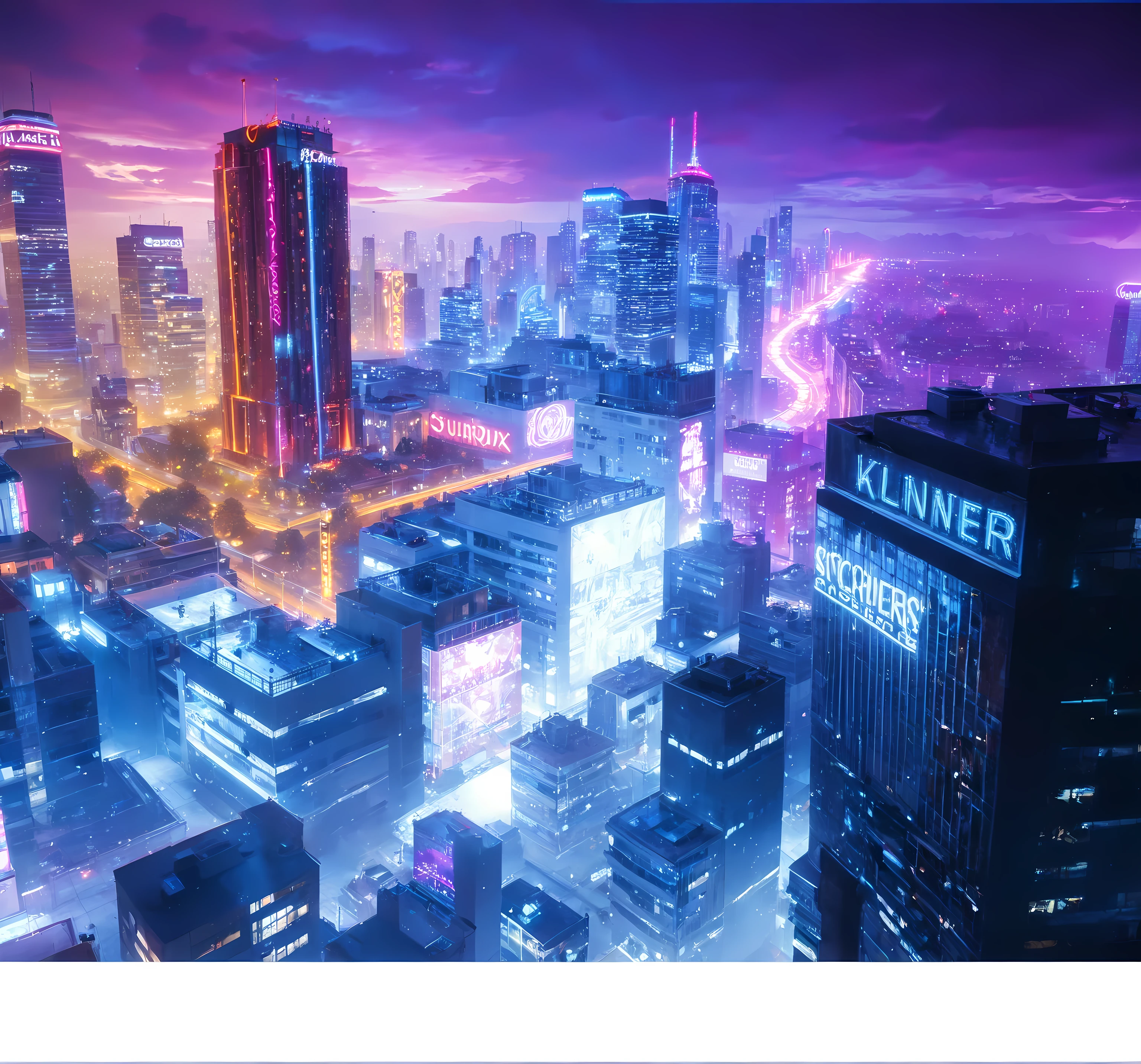  Aerial view of the city ，Night view of the sunset ， On the left is a sunset orange red sunset ， On the right is a purple neon light of the city ， Night view of the city neon lights ， Close up of an office building on the right， Skyscrapers are patchwork with low buildings ， Houses looming in the distance ， Highly saturated blue lighting ，UE5 Rendering，3D Rendering，Lumen lighting rendering ，Light and shadow enhancement