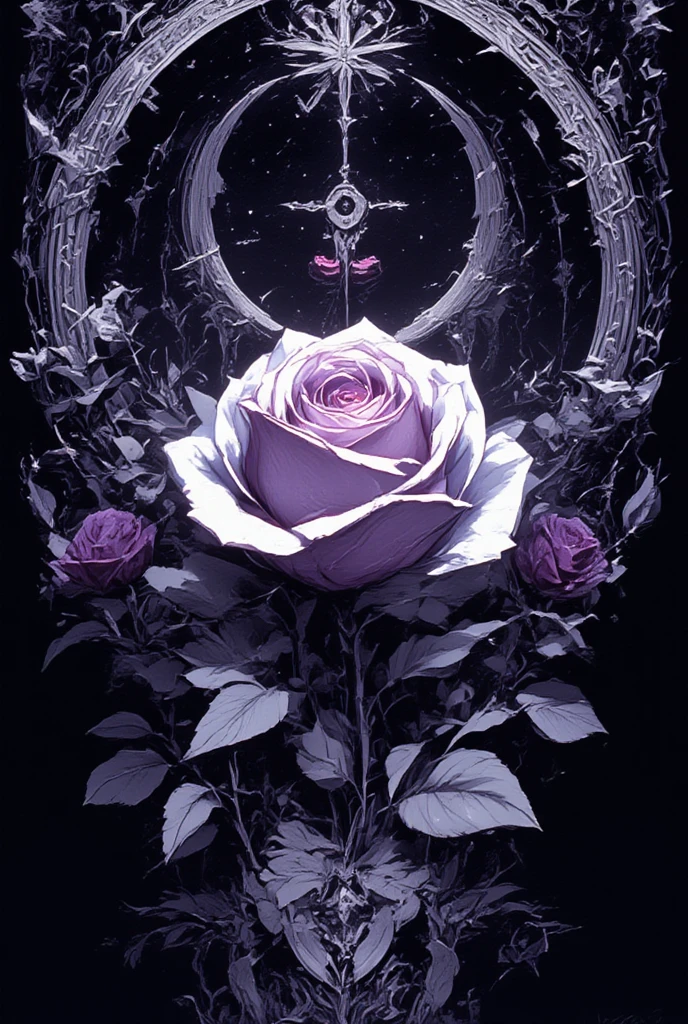 Central Rose: A beautifully shaded, elegant purple-pink rose serves as the centerpiece. Its petals are delicately detailed with fine lines, giving it a lifelike yet artistic appearance.
Crescent Moon: Above the rose, a large silver crescent moon arcs elegantly, creating a celestial and magical vibe.
Stars: A prominent eight-pointed star appears at the center of the moon, glowing brightly like a guiding light. Smaller stars dot the background, adding to the ethereal ambiance.
Circular Design:
The entire image is enclosed in a highly ornate circular border featuring intricate floral patterns, swirling shapes, and delicate linework. The circle enhances the symmetry and balance of the image.
Around the circle are mysterious numbers in a stylized font, contributing to the enigmatic and mystical aesthetic.
Colors:
Dark Background: A deep, almost black background makes the design stand out vividly.
Silver and White Accents: The moon, stars, and decorative borders use shades of silver, white, and light gray, giving them a metallic, glowing appearance.
Soft Purple Tones: Subtle purple hues blend with the rose and surrounding elements, adding depth and a dreamy, magical quality.
Pink Hues: Hints of soft pink within the rose petals create contrast against the cooler tones of the moon and stars.
Style and Shapes:
Floral Motifs: Surrounding the rose are detailed leaves, vines, and smaller roses, symbolizing nature and beauty.
Geometric and Celestial Symbols: The circular shape, crescent moon, and star create a balance between nature and the cosmos, evoking a spiritual or mystical connection.
Linework: The fine lines and curves throughout the design showcase a blend of art nouveau and gothic art styles.
The overall composition combines romantic, celestial, and mysterious elements, creating a timeless and symbolic visual. The dark colors and silver highlights give it a magical and otherworldly atmosphere.