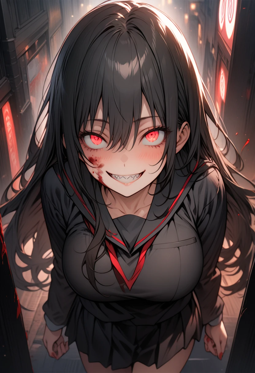 Masterpiece,best quality, (highly detailed CG illustration),very aesthetic,recent,detailed eyes,1 woman,matured female,(looking at viewer),glowing red eyes,black hair,straight long hair,(large breast:1.05),(black highschool uniform),half-closed eye,BREAK,blood on her face,red blush,(spiral eyes:1.25),(mad grin),(yandere smile),hands own face,walking to viewer,(spoken heart),sharp teeth,night street,cowboy shot,from fromnt