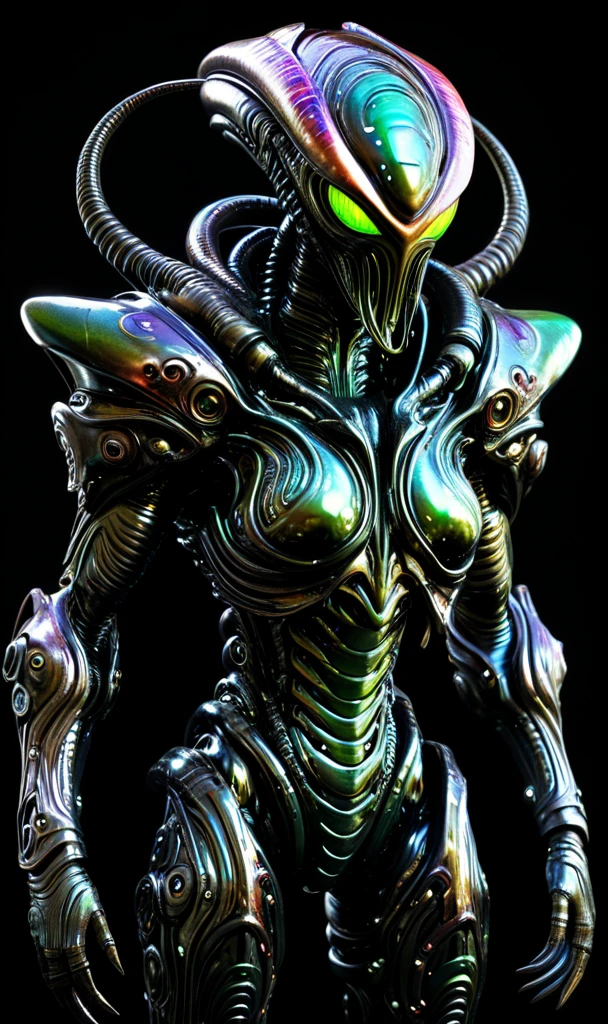 grotesque character,evil, slimy and creepy, biomechanical armor, giant eyes on the chest, in the style of g1h3r, (((full body shot))), ultra real photograph, black background, digital image.