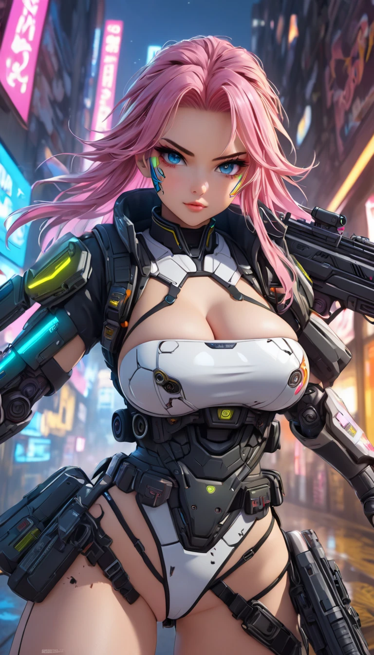 Masterpiece,Best Quality, beautiful eyes, cinematic lens effect, highly dramatic picture, ultra detailed, depth of field, medium full length, 8k, ultra cute , ultra sexy, ultra bouncy, horny, pervert, Dutch angle, ((Supermodel )), ((Busty Bitches )), ((SciFi Warrior)), 1girl, ecchi, anime, cutesy, (Sexy Photoshoot),  aiming lazer pistol, arrogant smile, jacket, ammo belt over shoulder, barcode tattoo, background: damaged robots , Cyberpunk colour scheme , random hair colour, circuitry under skin, cyber implants, dangerous 