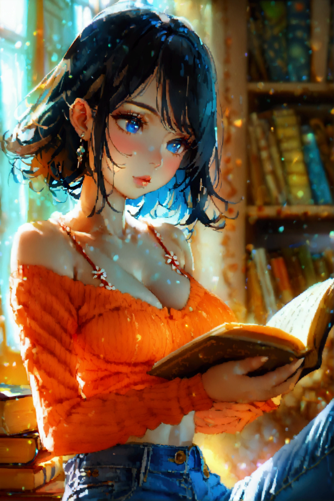 (1girl), black hair, beautiful detailed eyes, blue eyes, curvy, Slender, large breasts, tattoo, short sleeves orange, blue jeans, book, (cleavage), (((reading book))), (from left side), dynamic angle, in home, Highest quality, Super detailed, masterpiece, Ultra-high resolution, 8k