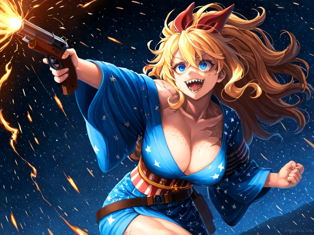 1girl\(american,(blonde),big hair ribbon,tatoo,(Freckles),(Muscular), big blue eyes,beautiful eyes,big breast,wearing beautiful yukata\(american flag\(Stars and stripes\) design\),holding shotgun, shooting, Grenades exploding, gun belts, wavy hair long hair,floating hair, (scar on face),open mouth,smile, sharp teeth, tongue, drinking Tequila by Bottle,dynamic action, dynamic angle,mad eyes\) at (kyoto japan), so many (zombie around), apocalips, dooms day,red black sun. BREAK .quality\(8k,wallpaper of extremely detailed CG unit, high resolution, top-quality, top-quality real texture skin, hyper realistic, increase the resolution, RAW photos, best quality, highly detailed, the wallpaper, golden ratio, high saturation realism, vibrant colors, dramatic lighting, persuasive storytelling, atmospheric scenery, captivating visuals, intricate details, strong emotions, dreamlike world\),dynamic angle,dutch angle,action movie,