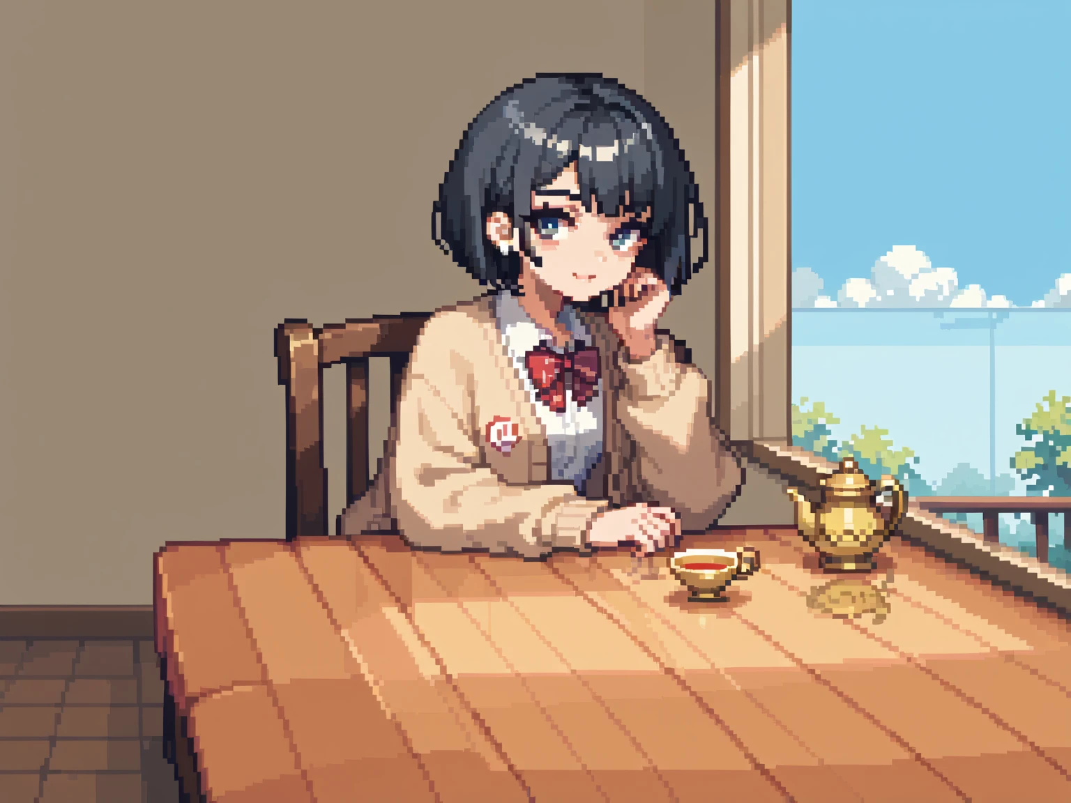  pixel art、solo,2D, beautiful illustration ,from front,throw,tea shop,lounge,Sitting facing the Viewer on a square table, looking at viewer,School uniform, Cardigan,black hair ,short hair,bags、Sofa,Window、 big window, cool vibe