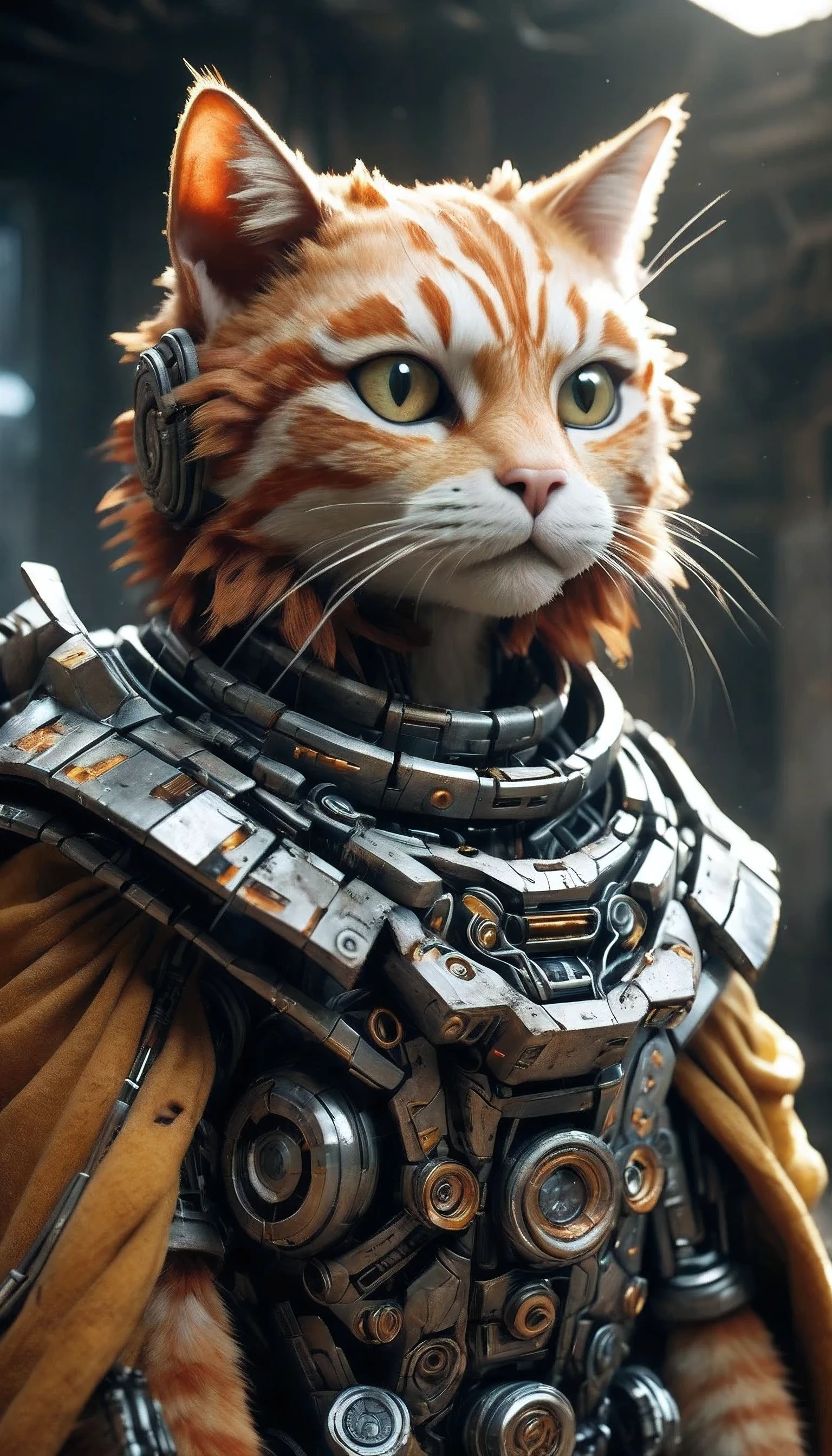 Create a cinematic image of a Ginger cat cyborg with half of it face torn to reveal intricate robotic components under it fur, while the other half shows it's cat face.It is wearing a thick, rugged blanket that covers head and drapes down to it shoulders. In it's hands,it firmly holds a sophisticated, futuristic weapon with intricate details, glowing accents, and a sleek design. The setting is an abandoned, war-torn building with debris, cracked walls, and dust particles in the air, giving a sense of a post-apocalyptic battlefield. The lighting is dramatic, with soft rays of light filtering through broken windows.It expression is one of resilience, determination, and readiness to fight, conveying strength and defiance in the face of adversity. The scene should have a cinematic, movie-like atmosphere with high detail and realistic textures