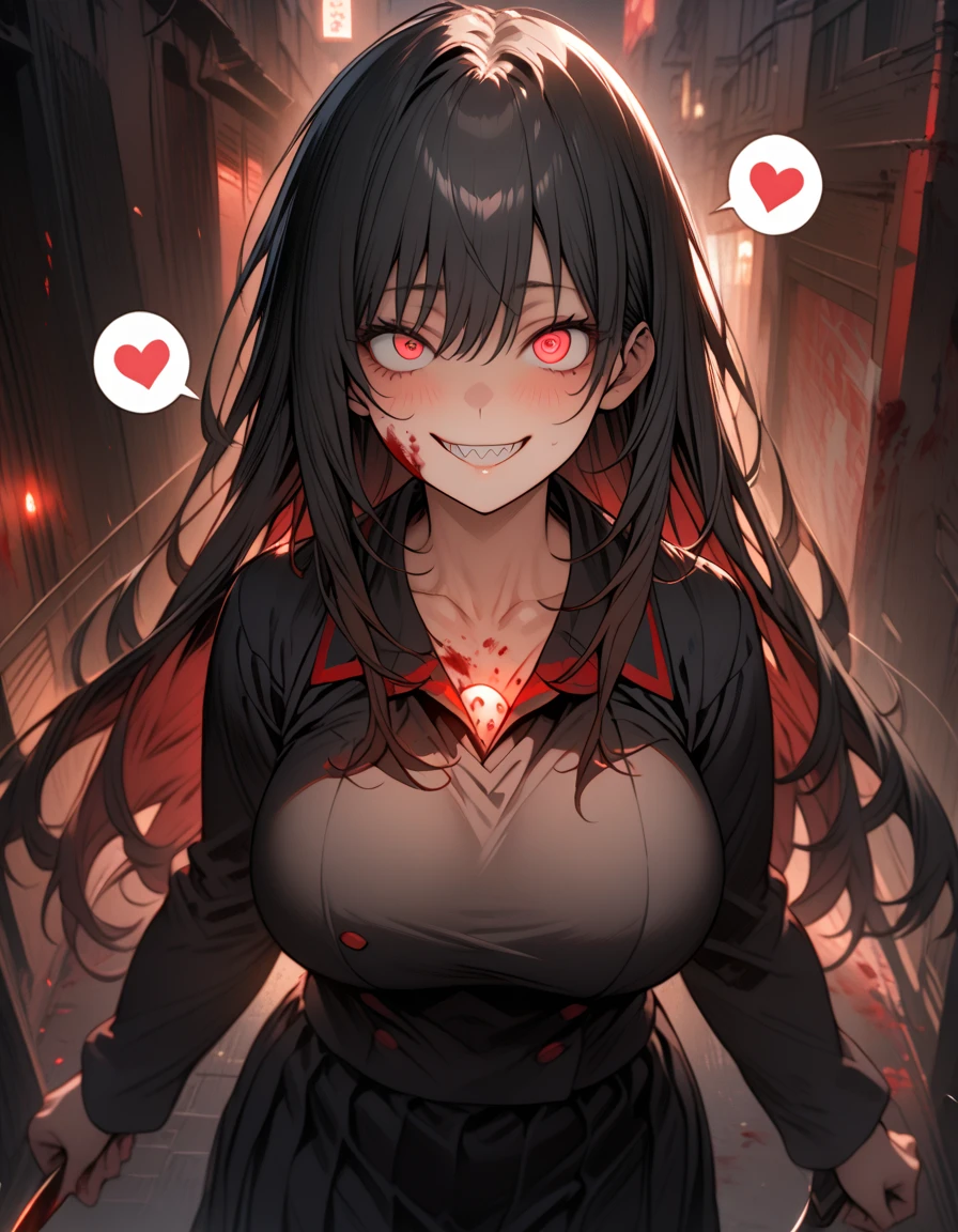 Masterpiece,best quality, (highly detailed CG illustration),very aesthetic,recent,detailed eyes,1 woman,matured female,(looking at viewer),glowing red eyes,black hair,straight long hair,(large breast:1.05),(black highschool uniform),half-closed eye,BREAK,blood on her face,red blush,(spiral eyes:1.25),(mad grin),(yandere smile),holding a knife,walking to viewer,(spoken heart),sharp teeth,night street,cowboy shot,(from front)