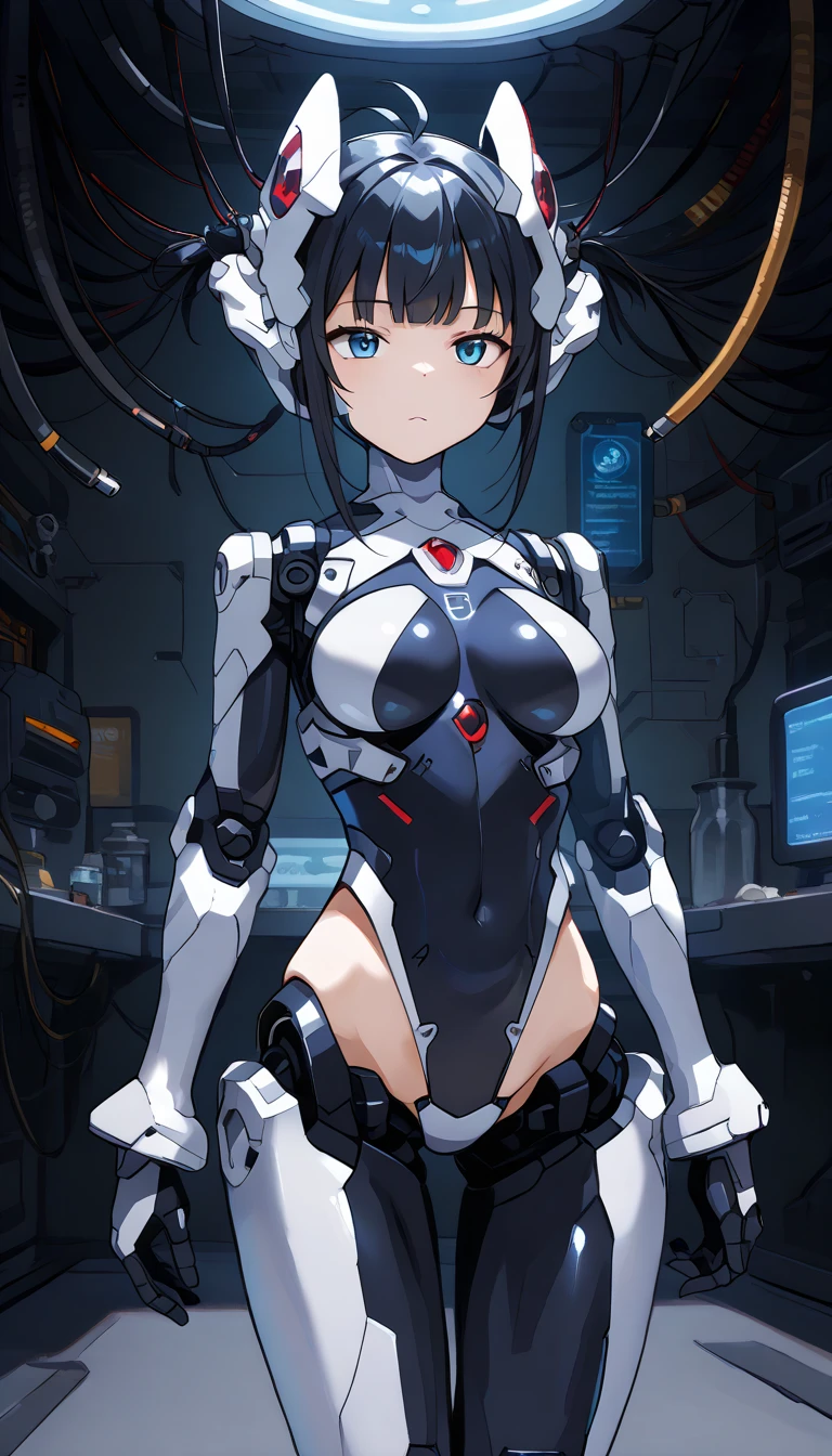 masterpiece,  top quality,  extremely detailed , (8k, 4K,  top quality,  High resolution ,  super high resolution with two hands:1.1), , 8K portrait , Japaese 안 droid  Girl,thud ,  dark black leg cover ,guide,Control Panel,안 droid , droid ,mechanical hand,  robot arms and legs ,  black robot parts , long black hair ,Machine body ,bang, perfect mechanical abdomen , white robotics parts , perfect robot woman ,future laboratory, cyberpunk, charging spot ,laboratory,Long tube , The removable cover is in the groin {x} A thick cable is attached to the neck, white ceramic body  , perfect mechanical body ,  white robot body , load antenna , mechanical ear cover ,안 droid ,Robot Humanoid, black sponge joint , The removable cover is in the groin , connection port is in the groin , open chest panel , chest access panel , open chest panel , perfect mechanical abdomen , perfect black mechanical body ,perfect black 안 droid  body, she repaired ,Assembly factory , dark black tights , dark black leggings ,smile,cat, not human skin ,visor