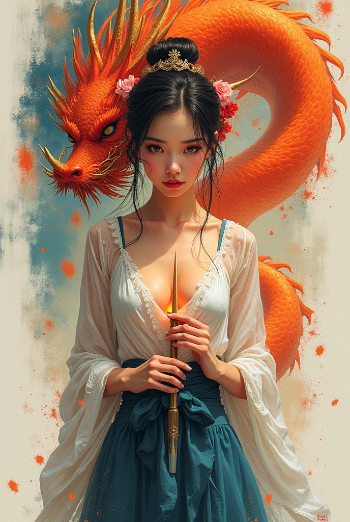 A red girl wearing thin gauze,in a light and flowing outfit intertwined with a dragon,Create a distinct 3D visualization of a miniature Chinese dragon,full of characters and characters,lively in a transitional setting The backlog should be brief,having a clear blue sky or soft clouds,to keep the focus on the dragon's reliable design The dragon itself should have feature realistic textures and a lifestyle,engaging expression,captured in a way that showcases its magnetic,mythical nature in a heartbeat,invading Manner, looking at the camera,(pore:1.2),asia,ultimate details