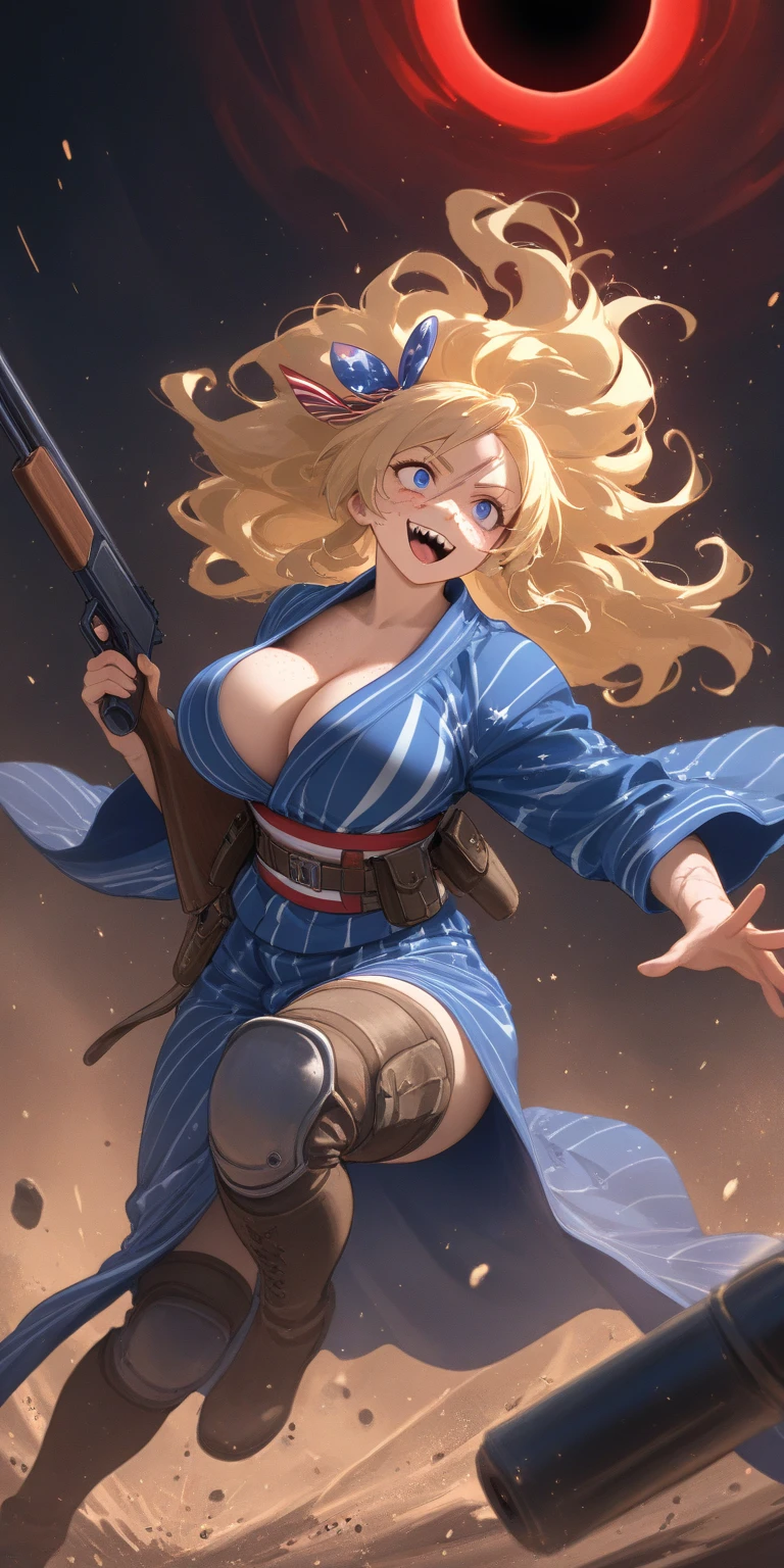 1girl\(american,(blonde),big hair ribbon,tatoo,(Freckles),(Muscular), big blue eyes,beautiful eyes,big breast,wearing beautiful yukata\(american flag\(Stars and stripes\) design\),holding shotgun, shooting, Grenades exploding, gun belts, wavy hair long hair,floating hair, (scar on face),open mouth,smile, sharp teeth, tongue, drinking Tequila by Bottle,dynamic action, dynamic angle,mad eyes\) at (kyoto japan), so many (zombie around), apocalips, dooms day,red black sun. BREAK .quality\(8k,wallpaper of extremely detailed CG unit, high resolution, top-quality, top-quality real texture skin, hyper realistic, increase the resolution, RAW photos, best quality, highly detailed, the wallpaper, golden ratio, high saturation realism, vibrant colors, dramatic lighting, persuasive storytelling, atmospheric scenery, captivating visuals, intricate details, strong emotions, dreamlike world\),dynamic angle,dutch angle,action movie,