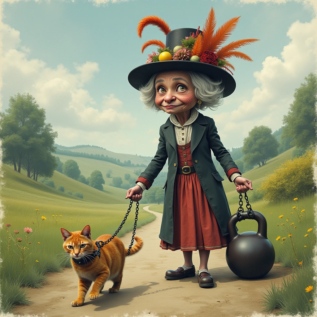 The best quality of the masterpiece, high resolution, 8K, realism (1.4), high resolution, over-detailed, hyperrealistic, highly detailed computer illustration, provocative art, cinematic light, comic scene: an old woman in a fancy hat leads a cat on a chain that is tied to a kettlebell ,grotesque and very funny, and most importantly - instructive,English watercolor,HDR