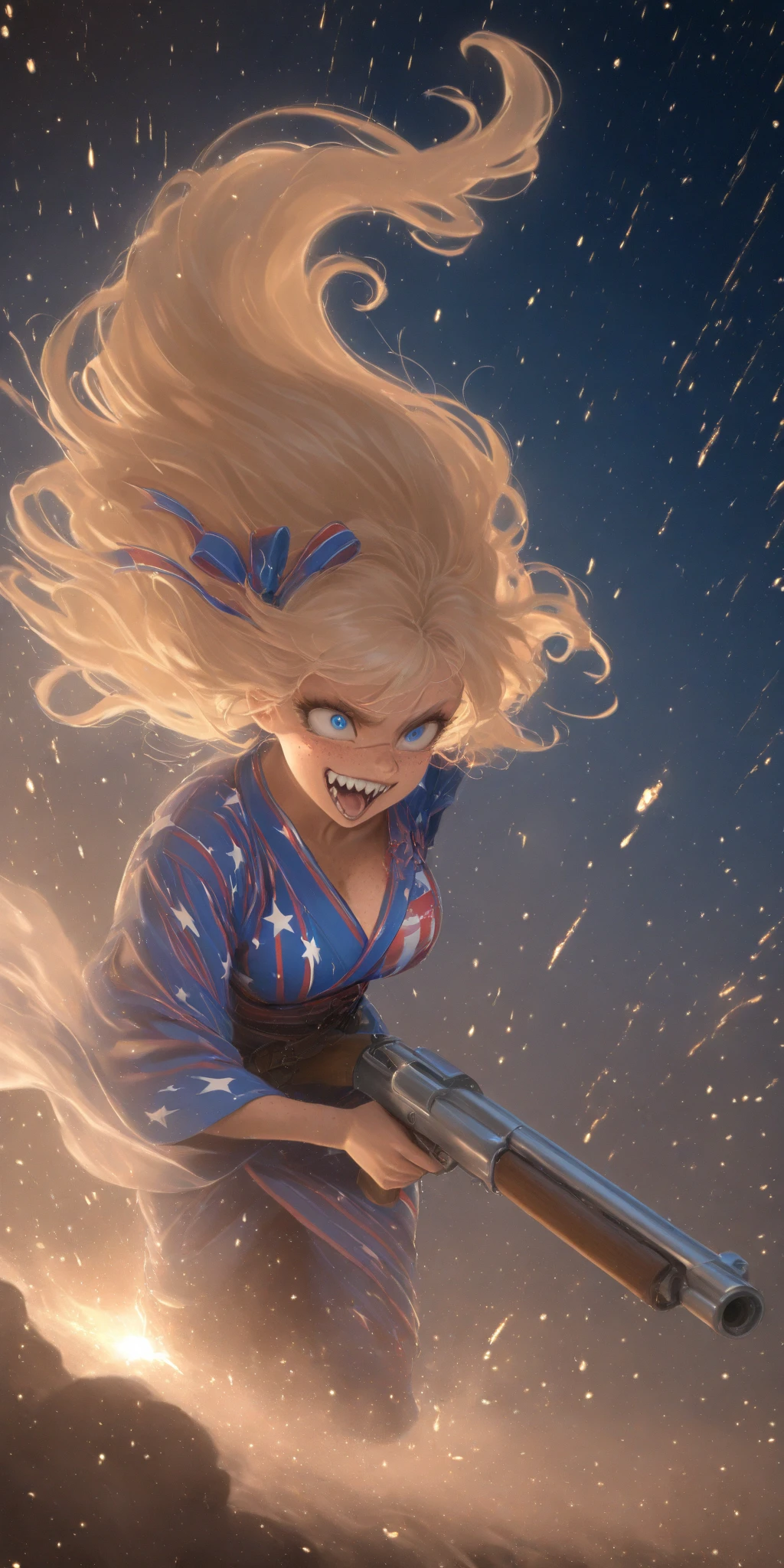 1girl\(american,(blonde),big hair ribbon,tatoo,(Freckles),(Muscular), big blue eyes,beautiful eyes,big breast,wearing beautiful yukata\(american flag\(Stars and stripes\) design\),holding shotgun, shooting, Grenades exploding, gun belts, wavy hair long hair,floating hair, (scar on face),open mouth,smile, sharp teeth, tongue, drinking Tequila by Bottle,dynamic action, dynamic angle,mad eyes\) at (kyoto japan), so many (zombie around), apocalips, dooms day,red black sun. BREAK .quality\(8k,wallpaper of extremely detailed CG unit, high resolution, top-quality, top-quality real texture skin, hyper realistic, increase the resolution, RAW photos, best quality, highly detailed, the wallpaper, golden ratio, high saturation realism, vibrant colors, dramatic lighting, persuasive storytelling, atmospheric scenery, captivating visuals, intricate details, strong emotions, dreamlike world\),dynamic angle,dutch angle,action movie,