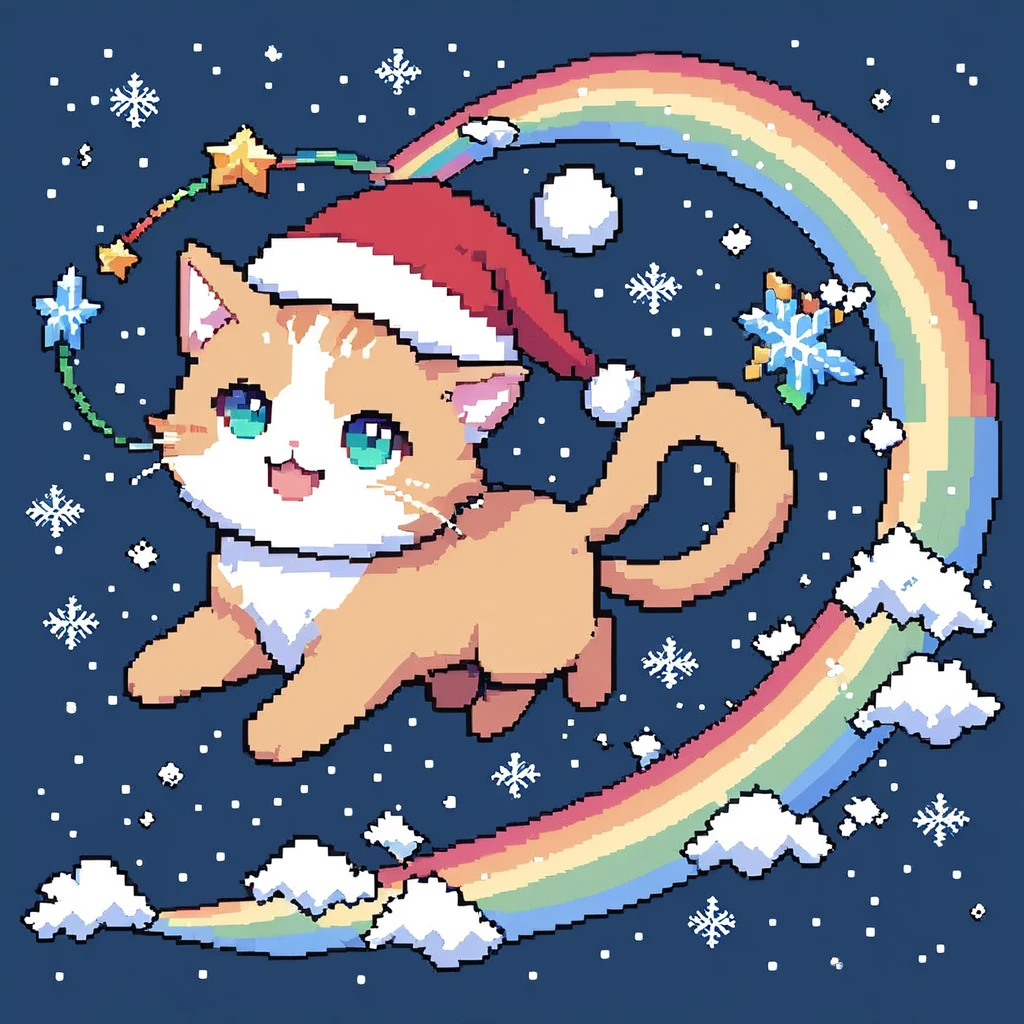 Pixel Art style, Digital Pixel Art, 8-bit illustration, best quality, Christmas theme, cute flying 1cat with Santa hat,solo,running left to right,on the festive green and red rainbow trail,pixelated design, smiling face, blue starry background, snowfall, simple color palette, retro game aesthetic, detailed pixel outlines, charming holiday atmosphere