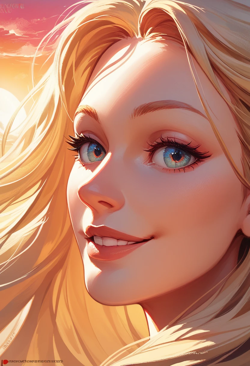 woman's face, long blonde hair, smiling, sun is red, (digital painting, concept art, smooth, sharp focus, intricate details, close-up, masterpiece: 1.2)