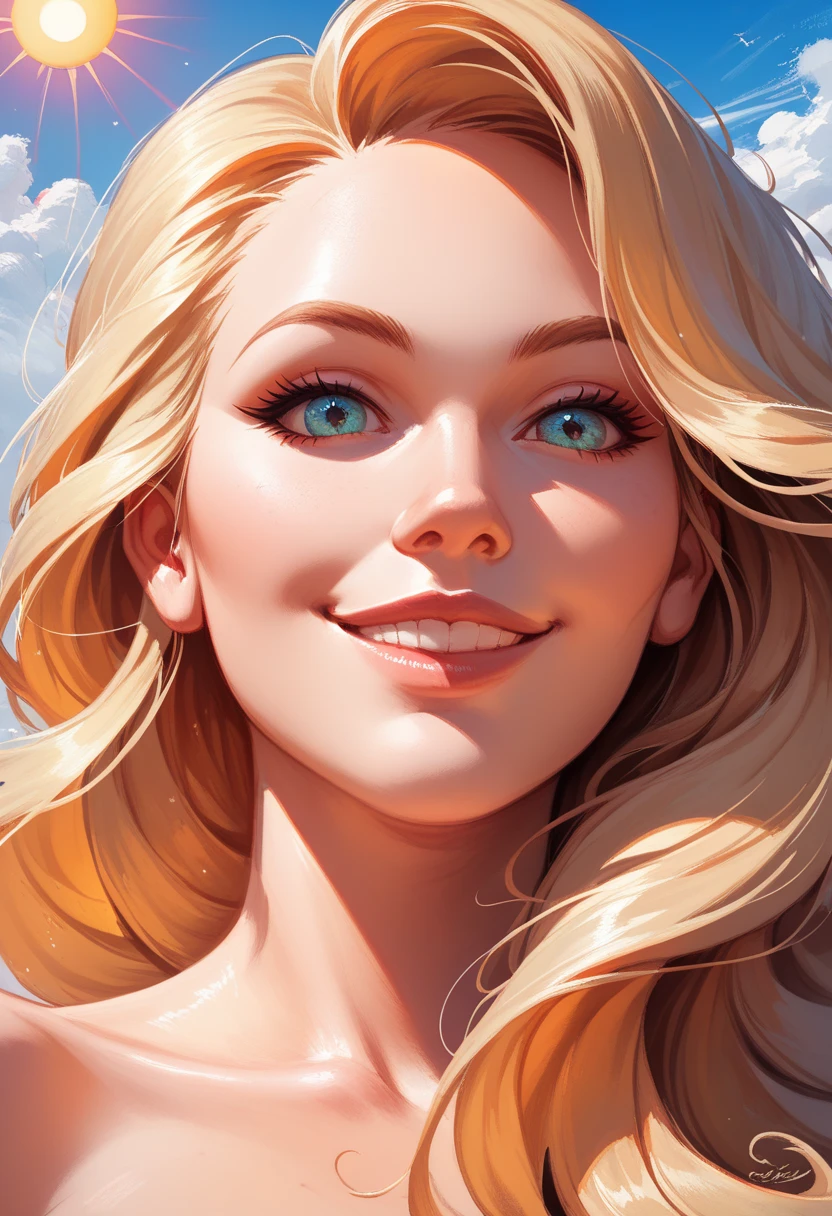 woman's face, long blonde hair, smiling, sun is red, (digital painting, concept art, smooth, sharp focus, intricate details, close-up, masterpiece: 1.2)